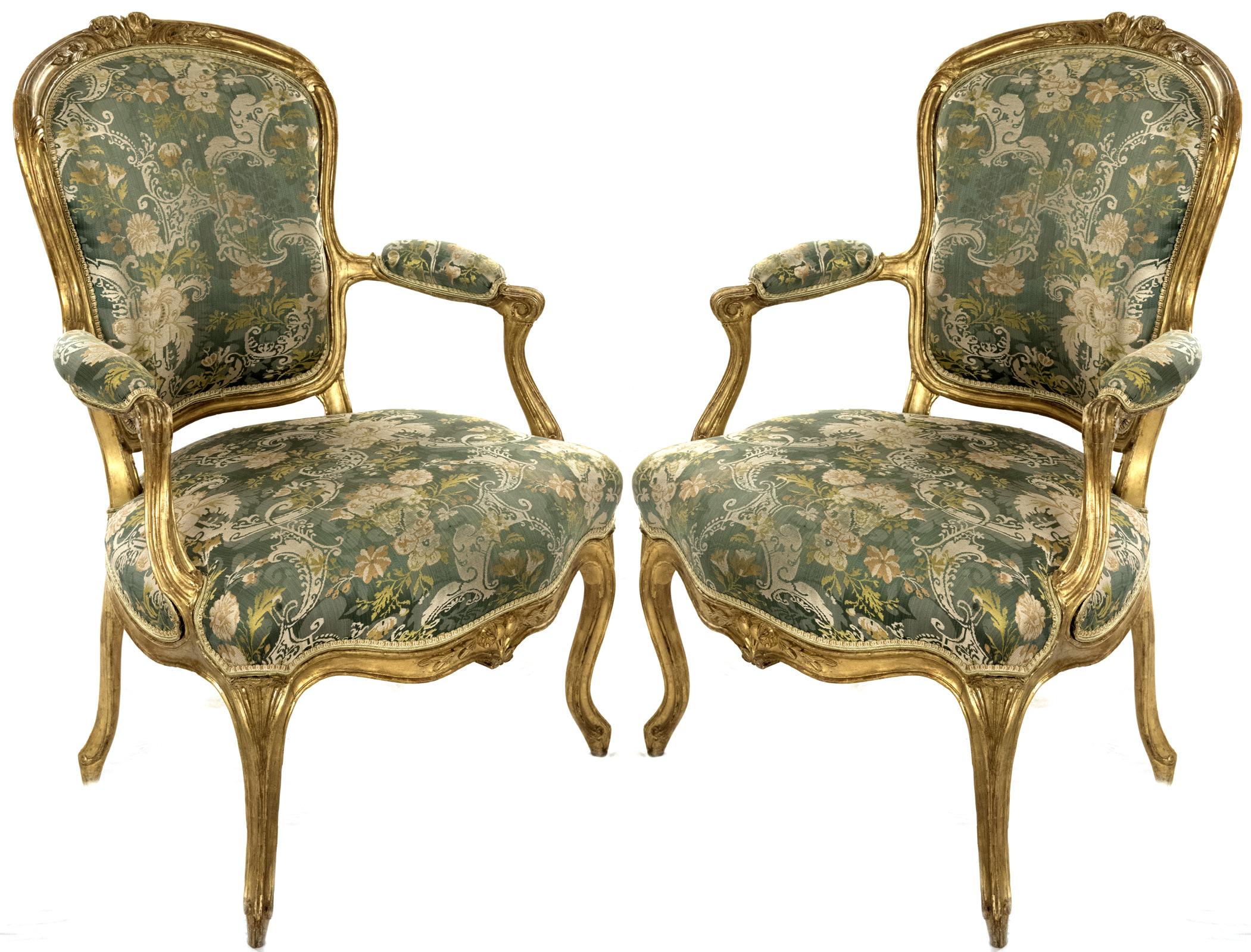 French Pair of Louis XV Carved Giltwood Fauteuils