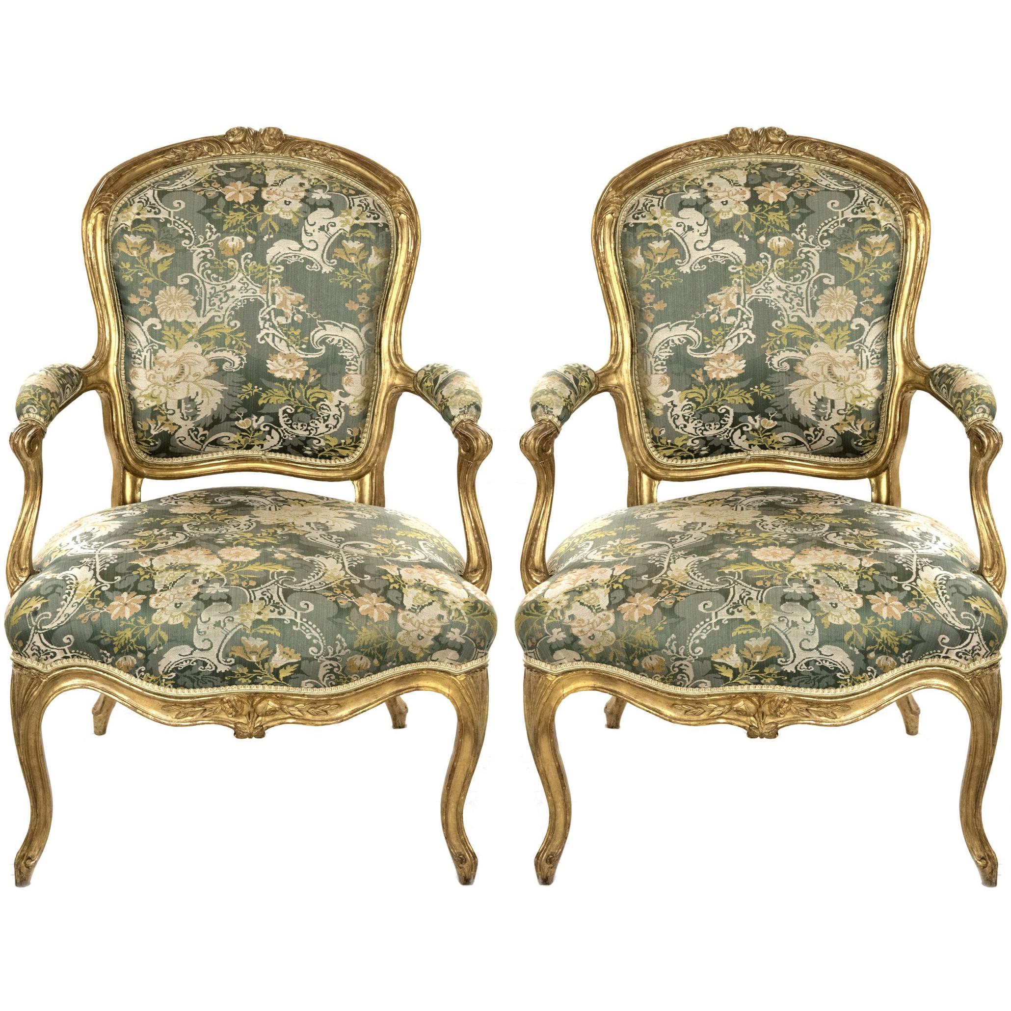 Pair of Louis XV Carved Giltwood Fauteuils