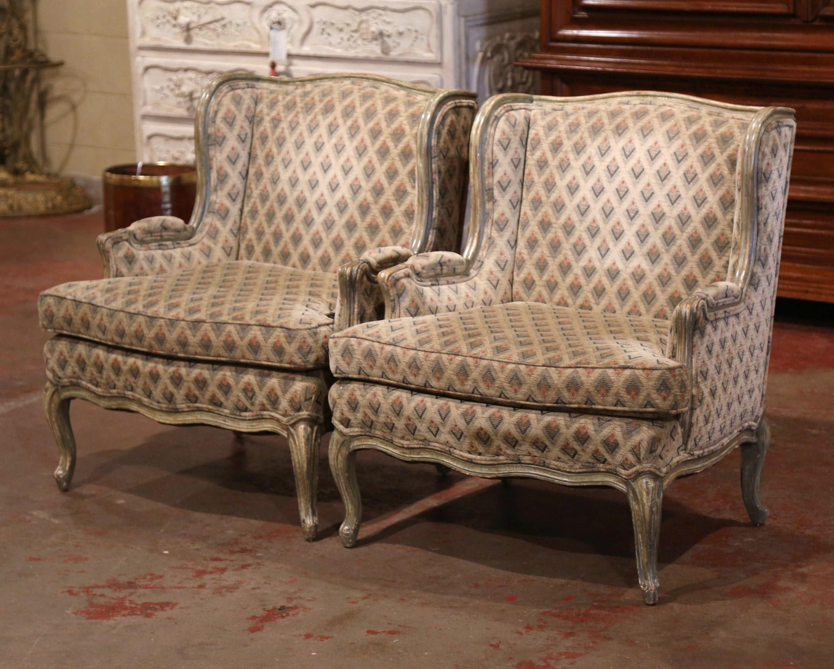 Patinated Pair of Louis XV Carved Painted Armchairs by Minton Spidell