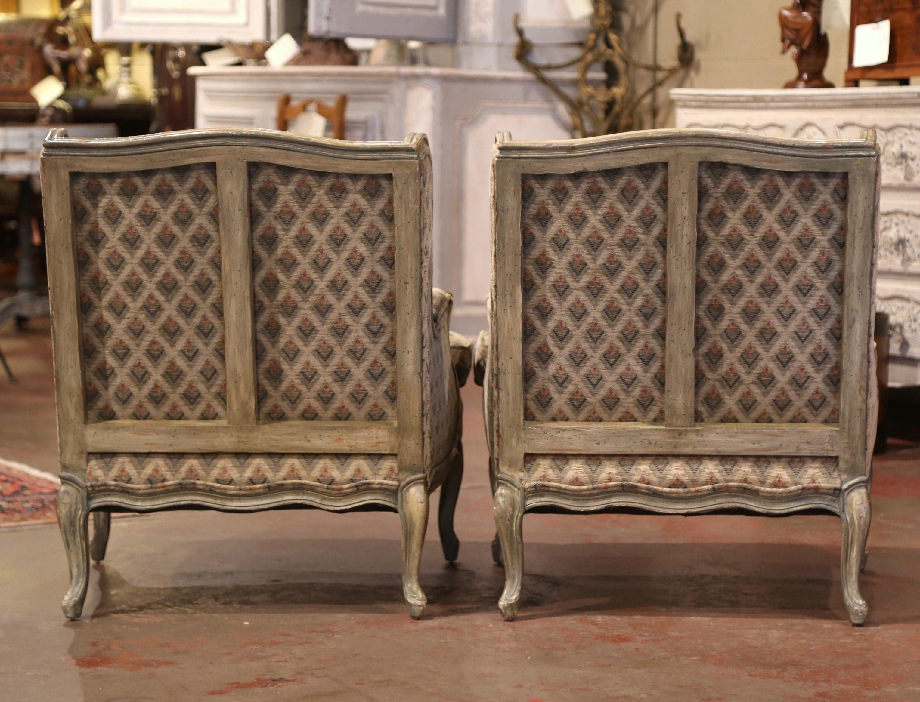 Fabric Pair of Louis XV Carved Painted Armchairs by Minton Spidell