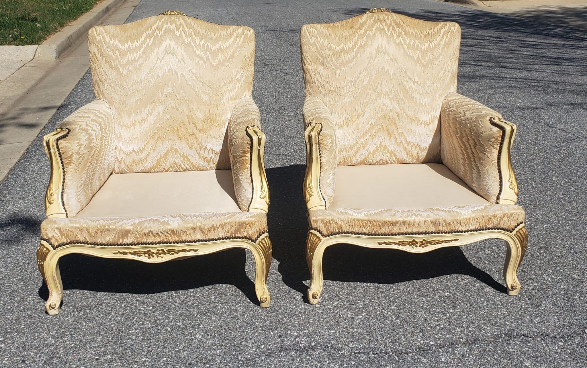 Pair of Louis XV Carved, Parcel Gilt and Upholstered Bergere Chairs For Sale 4