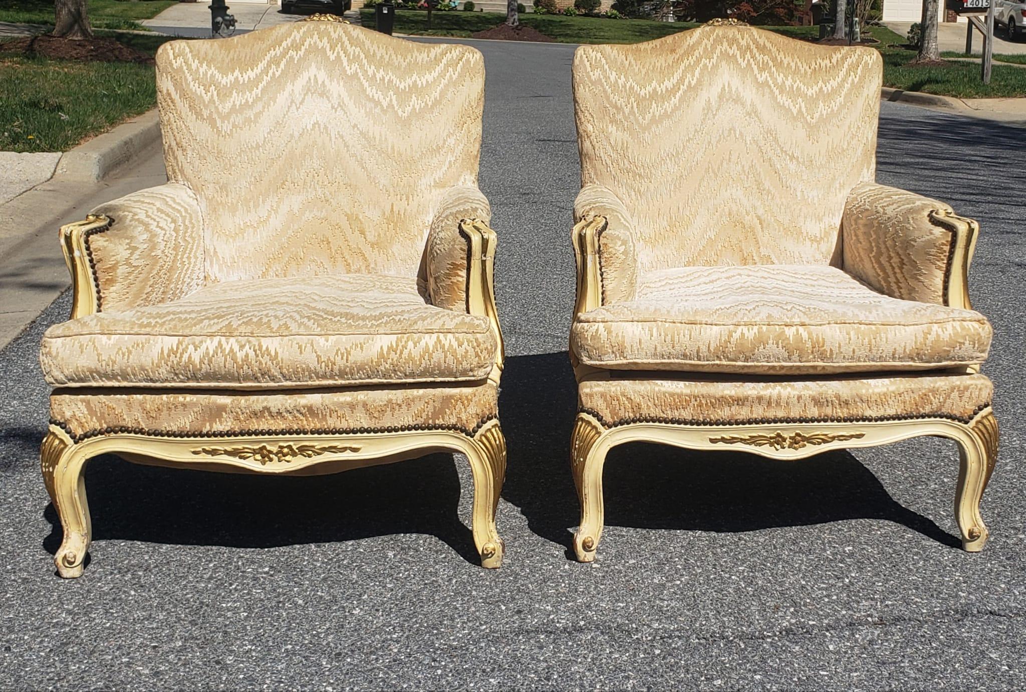 Pair of Louis XV Carved, Parcel Gilt and Upholstered Bergere Chairs For Sale 6