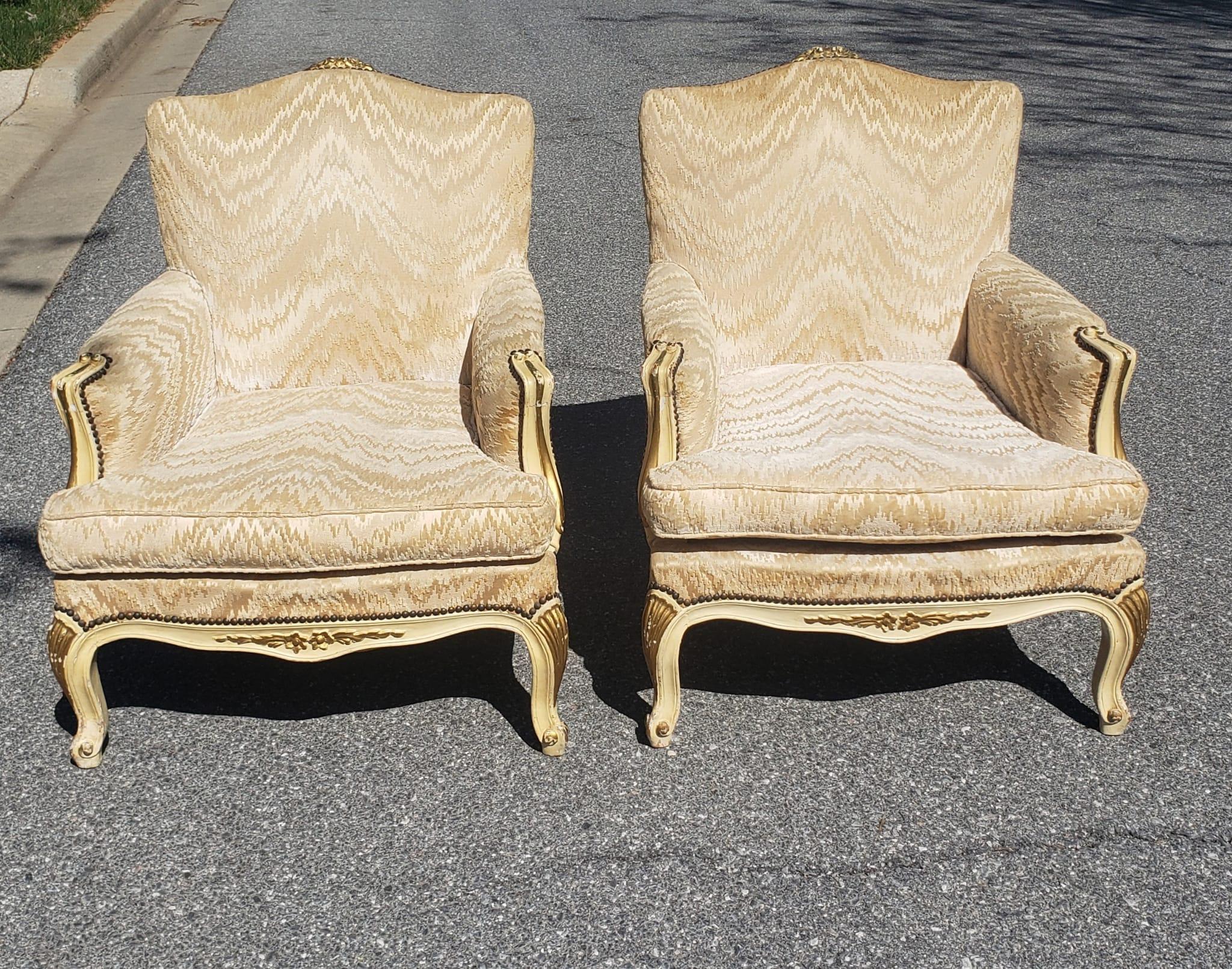 Pair of Louis XV Carved, Parcel Gilt and Upholstered Bergere Chairs For Sale 1