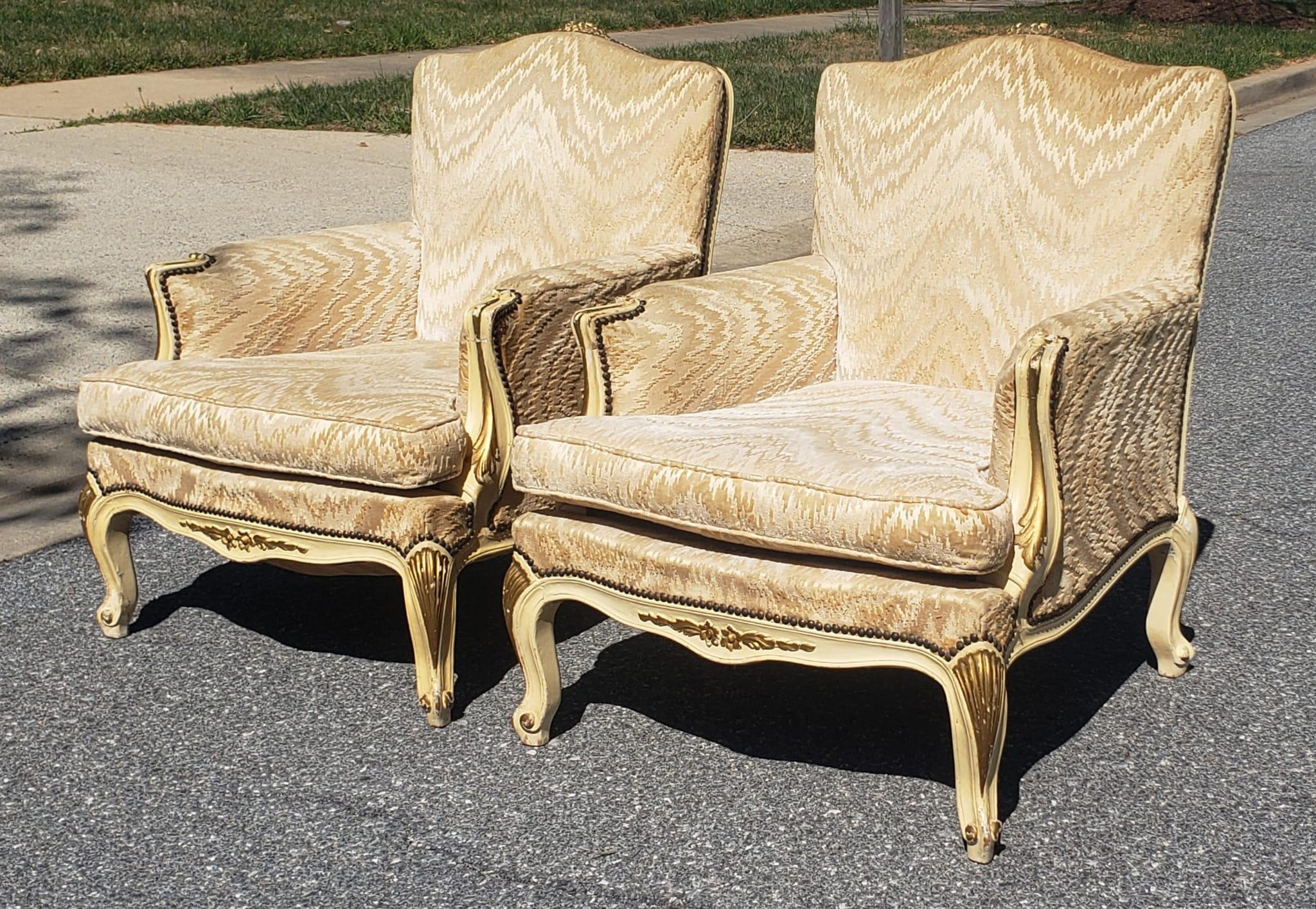 Pair of Louis XV Carved, Parcel Gilt and Upholstered Bergere Chairs For Sale 3