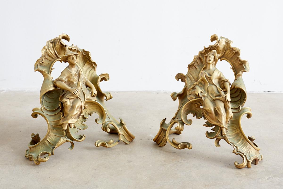 French Pair of Louis XV Chinoiserie Gilt Bronze Figural Chenets