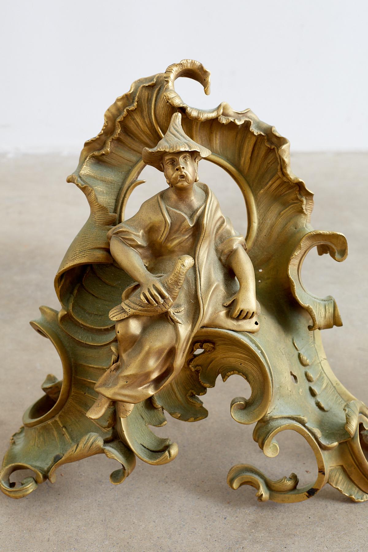 Brass Pair of Louis XV Chinoiserie Gilt Bronze Figural Chenets