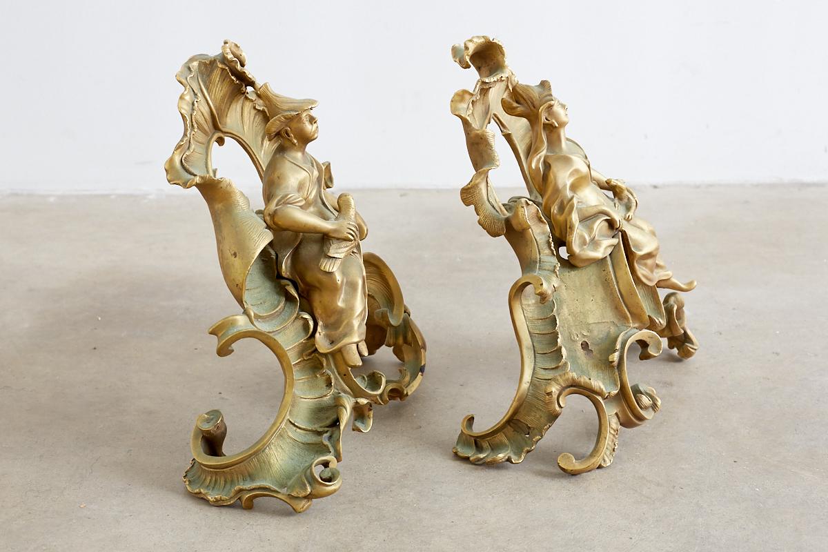 Pair of Louis XV Chinoiserie Gilt Bronze Figural Chenets 1