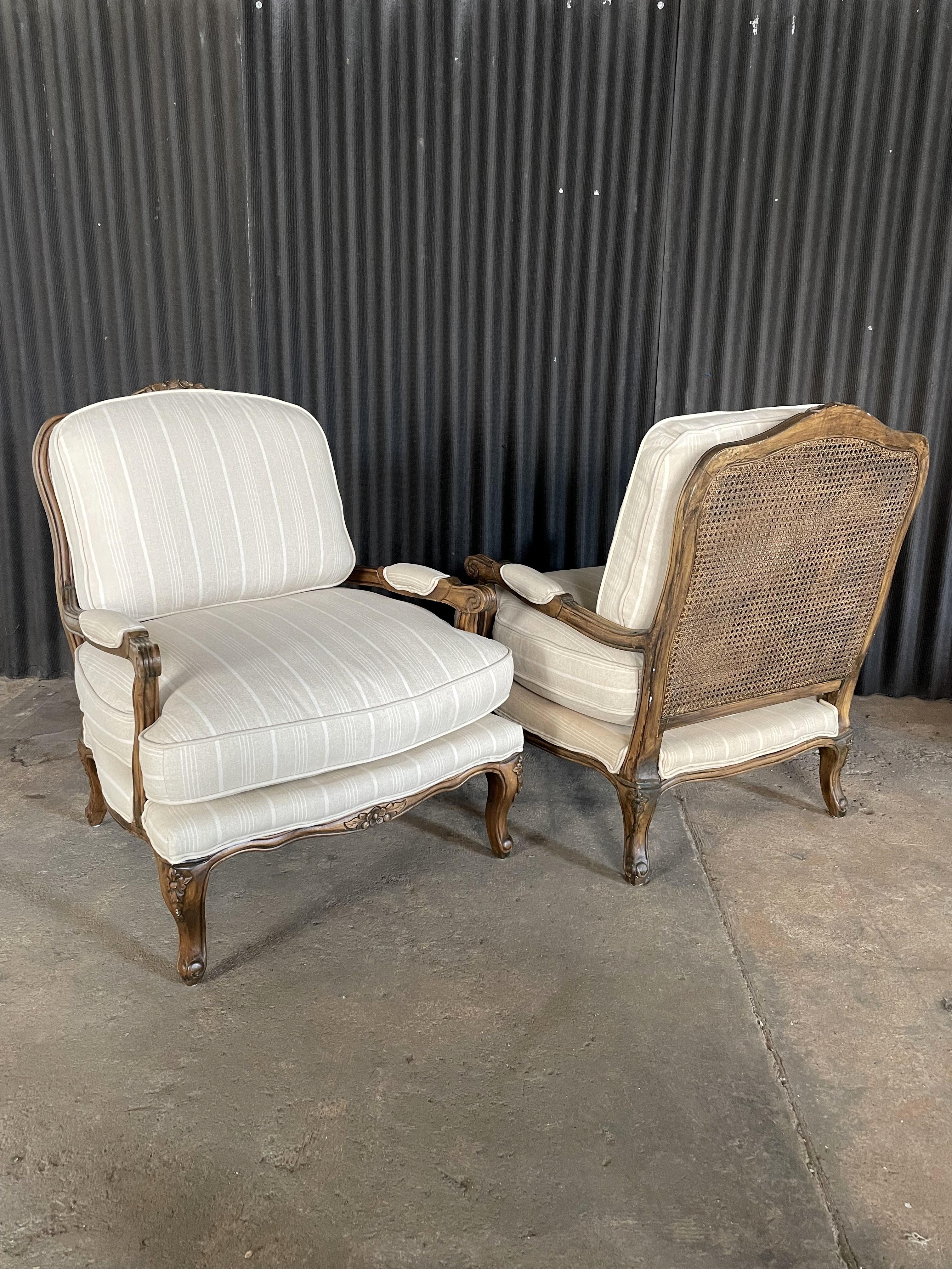 American Pair of Louis XV Country French Provincial Double Cane Back Bergere Armchairs For Sale