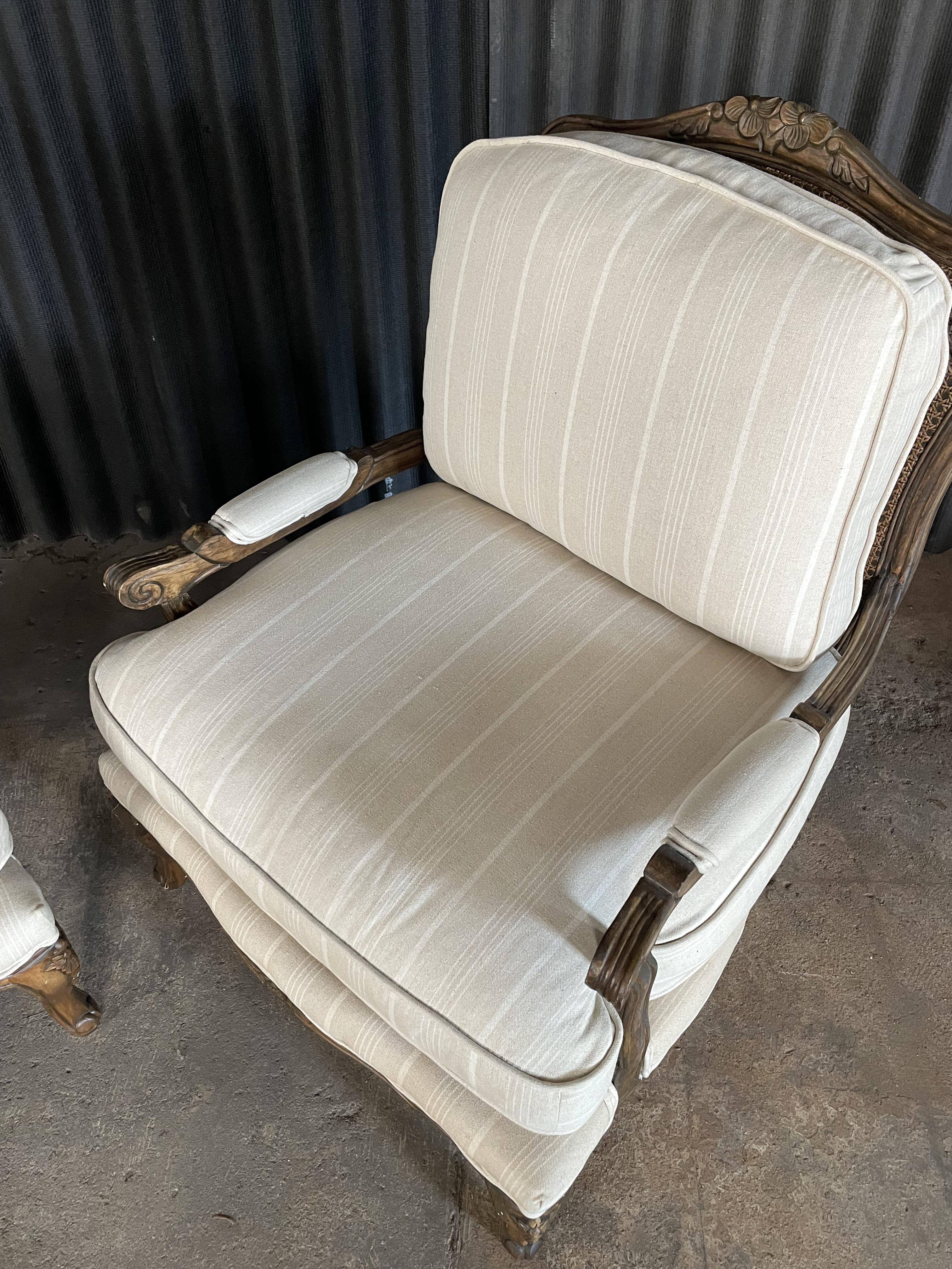 Late 20th Century Pair of Louis XV Country French Provincial Double Cane Back Bergere Armchairs For Sale