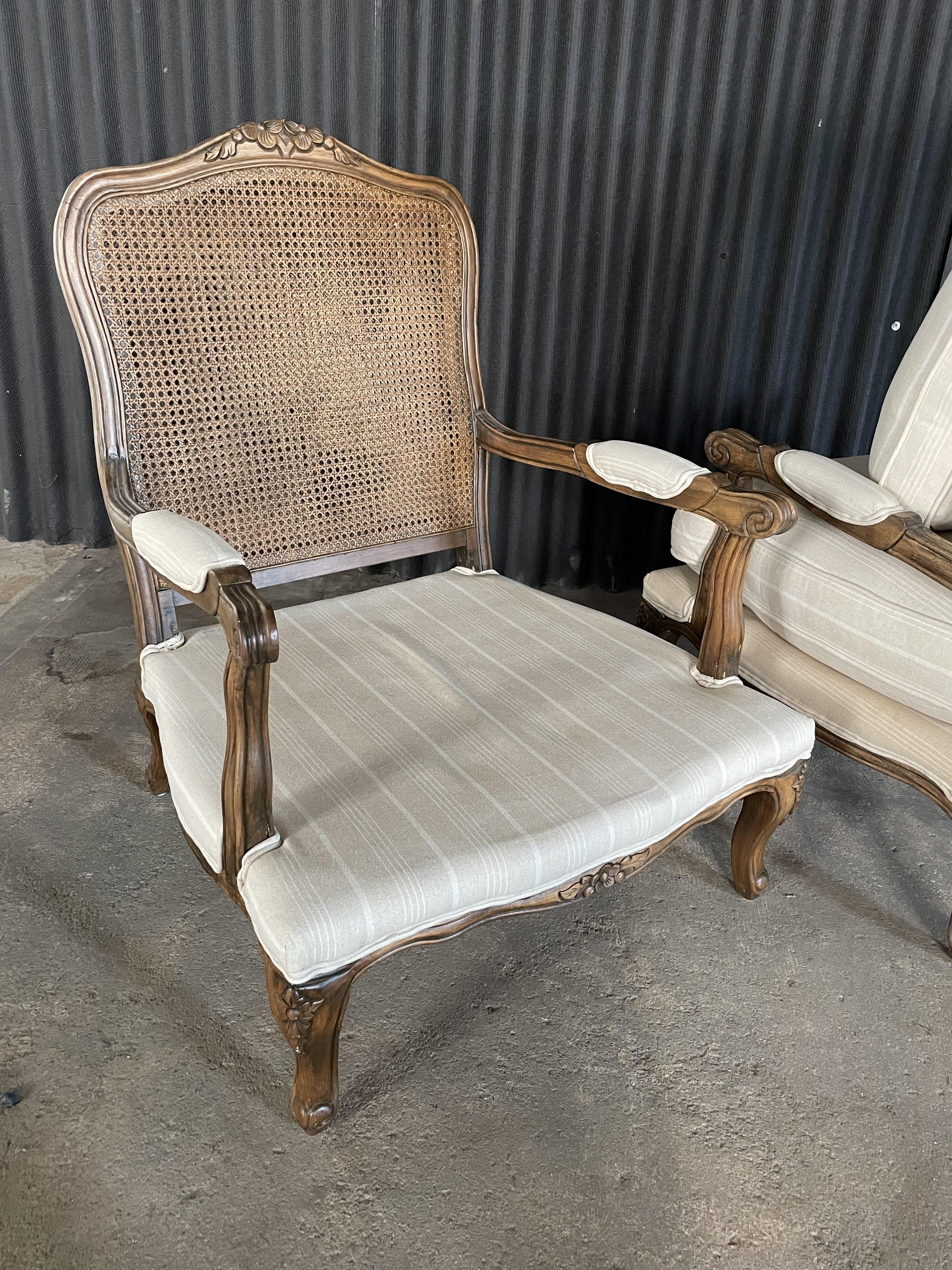 Wood Pair of Louis XV Country French Provincial Double Cane Back Bergere Armchairs For Sale