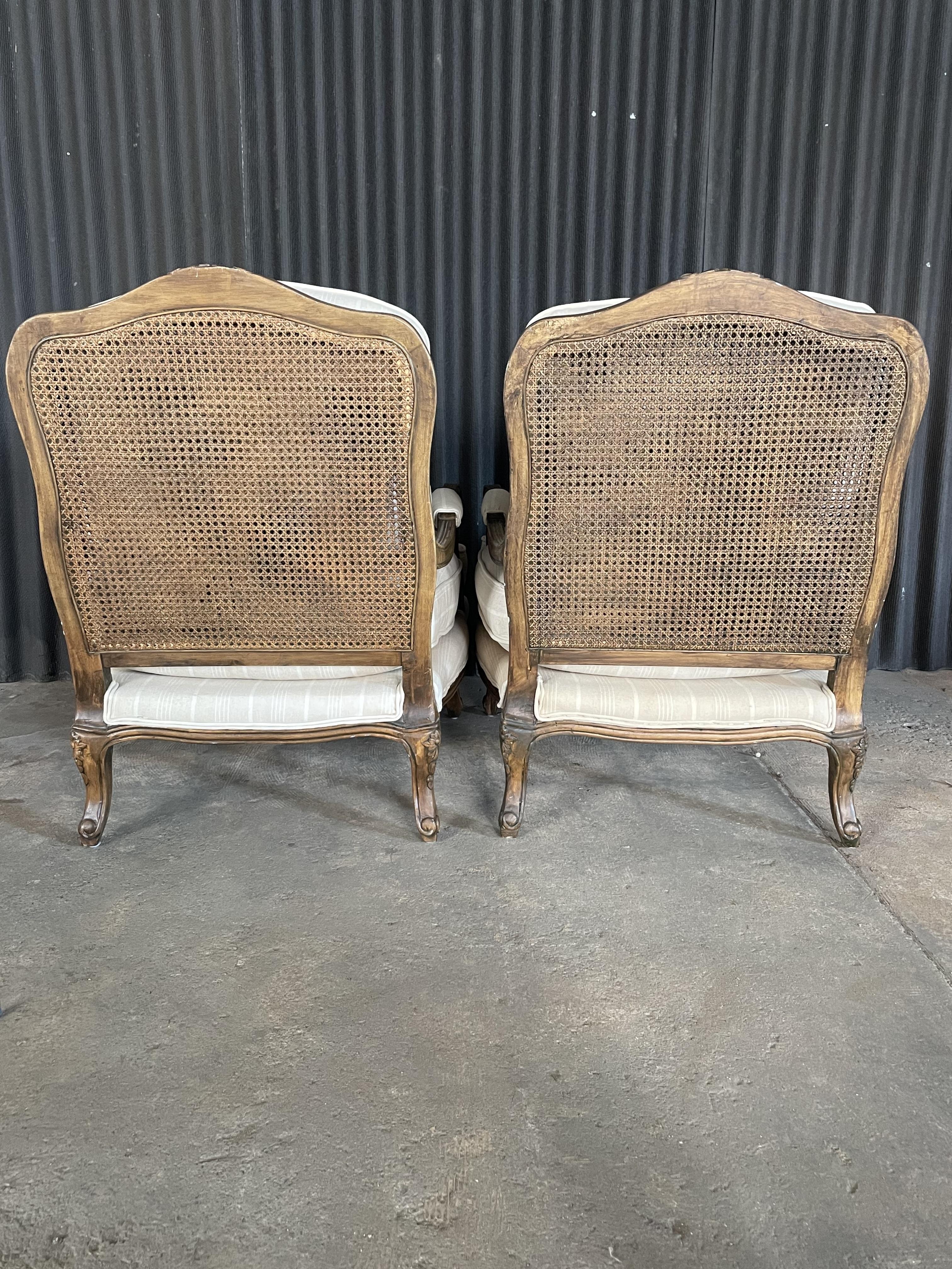 Pair of Louis XV Country French Provincial Double Cane Back Bergere Armchairs For Sale 2