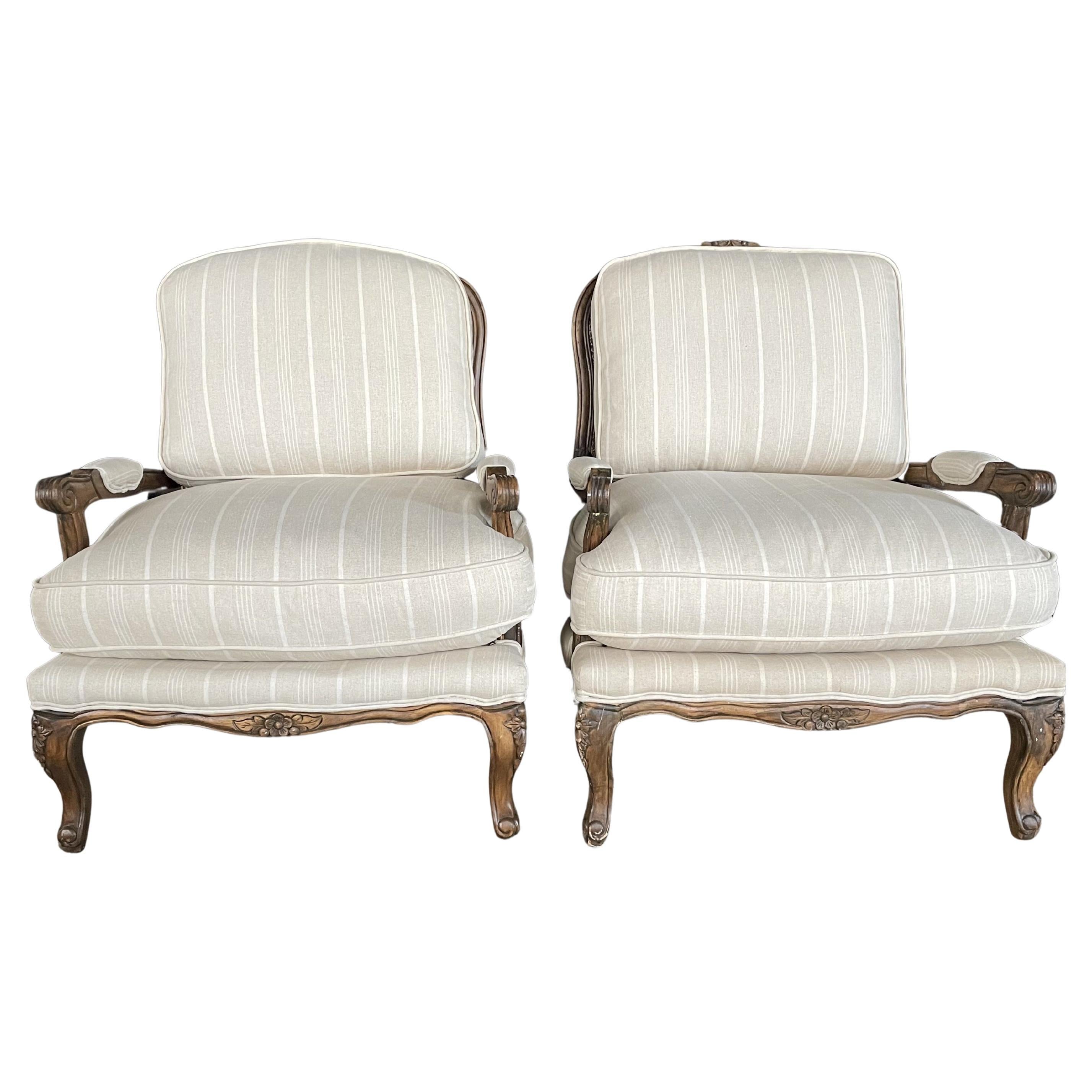 Pair of Louis XV Country French Provincial Double Cane Back Bergere Armchairs For Sale