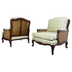 Pair Of Louis XV Country French Provincial Walnut Double Cane Bergere Armchairs