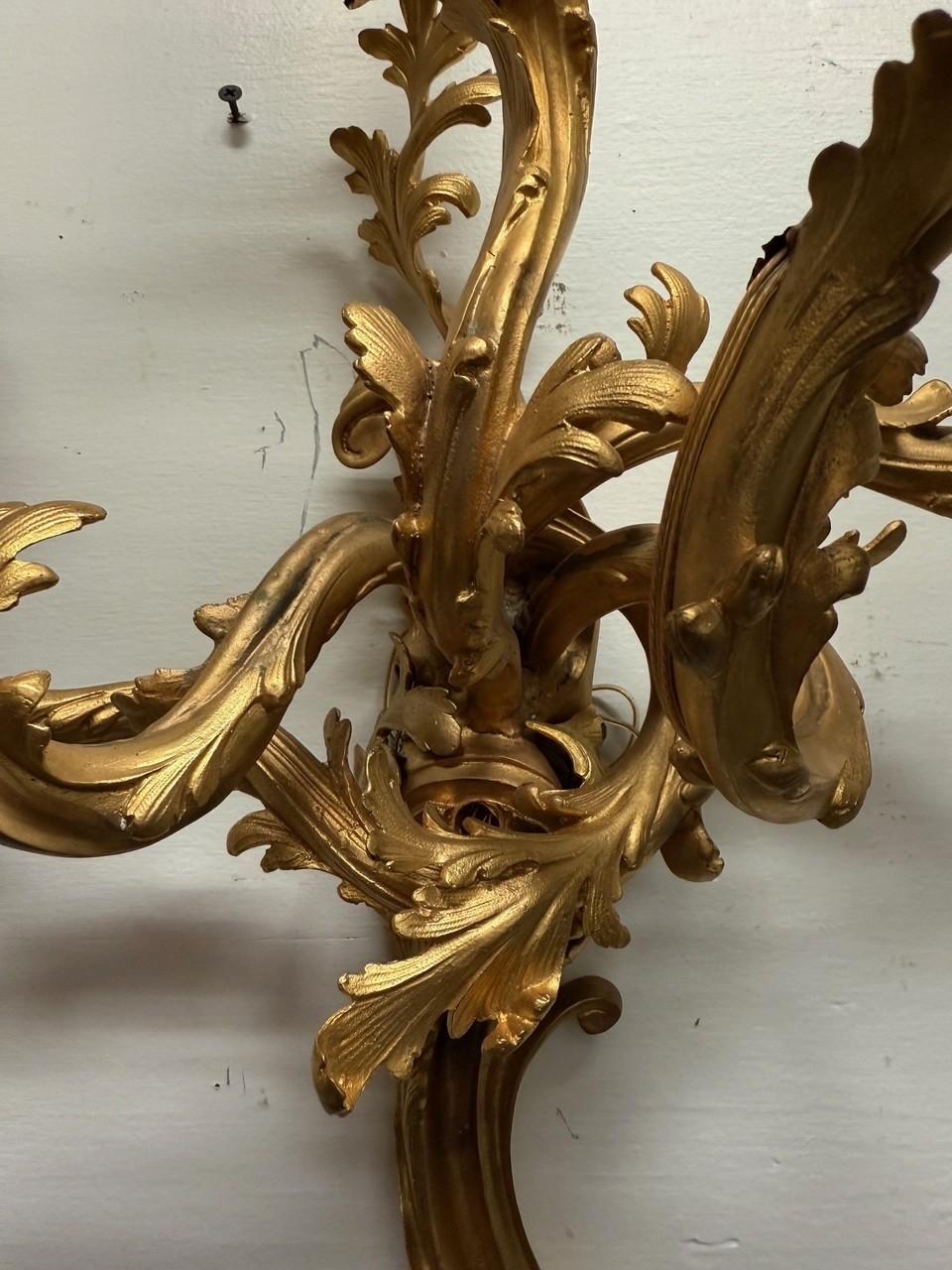 Pair of Louis XV French Rococo Style Gilt Bronze Five-Light Wall Sconces For Sale 6
