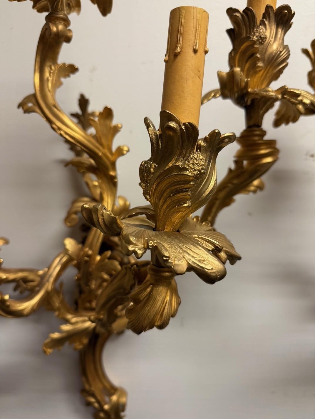 Pair of Louis XV French Rococo Style Gilt Bronze Five-Light Wall Sconces For Sale 8