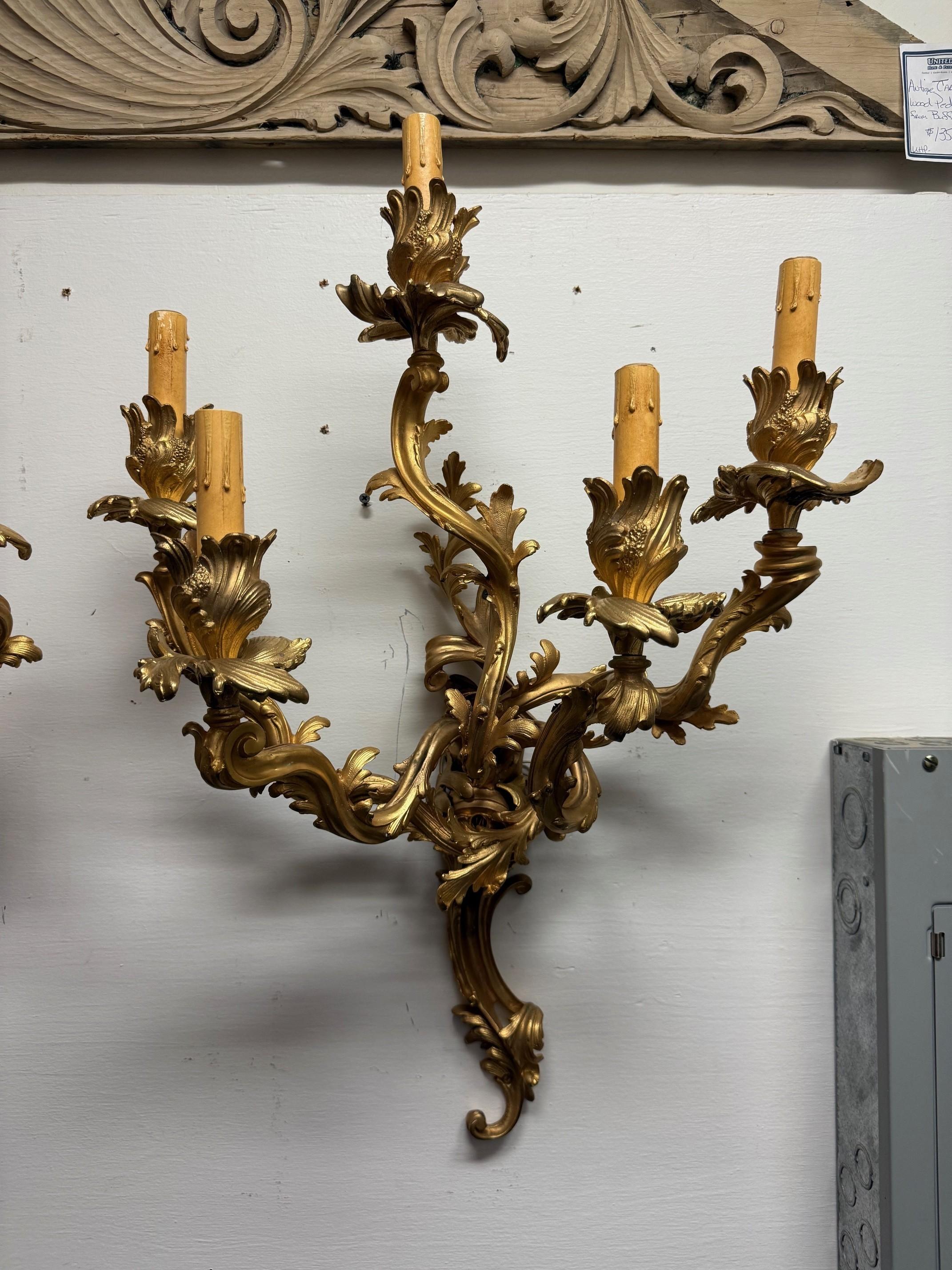 20th Century Pair of Louis XV French Rococo Style Gilt Bronze Five-Light Wall Sconces For Sale