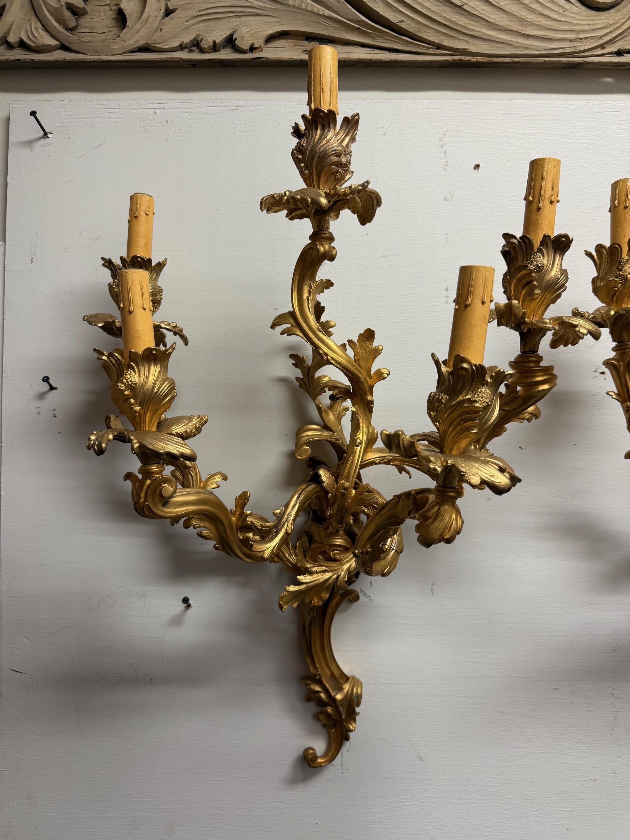 Pair of Louis XV French Rococo Style Gilt Bronze Five-Light Wall Sconces For Sale 1