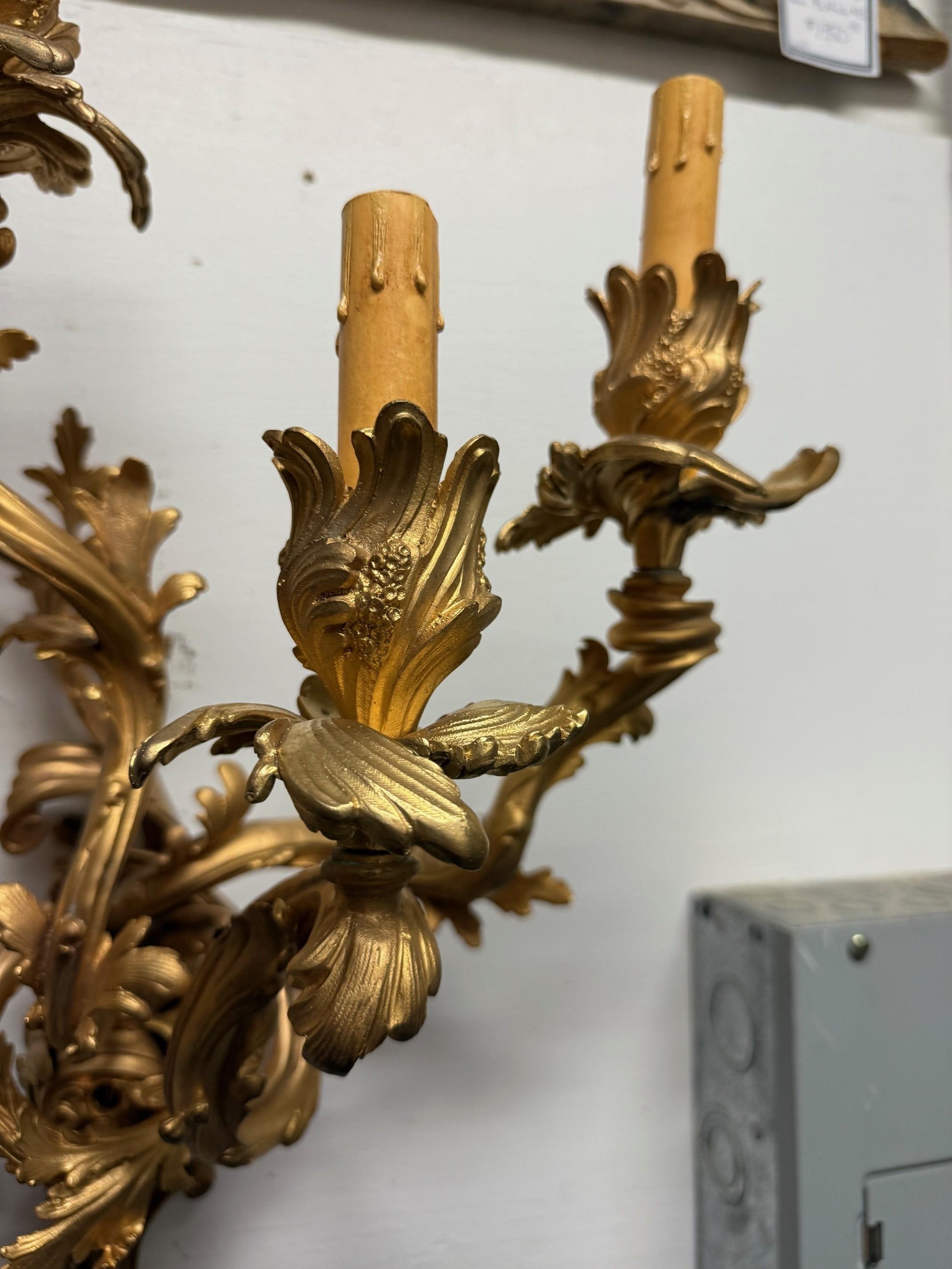 Pair of Louis XV French Rococo Style Gilt Bronze Five-Light Wall Sconces For Sale 2