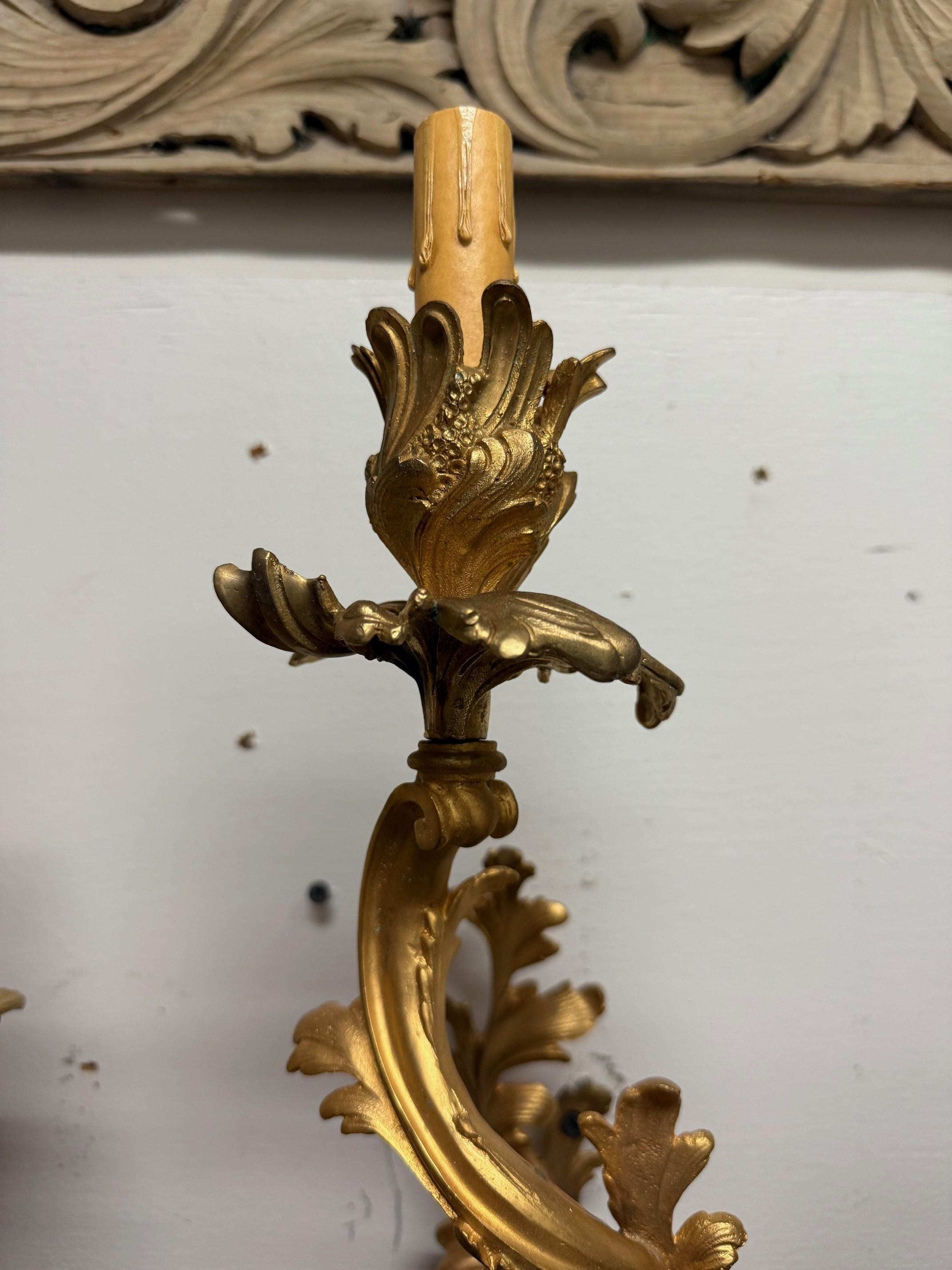 Pair of Louis XV French Rococo Style Gilt Bronze Five-Light Wall Sconces For Sale 3