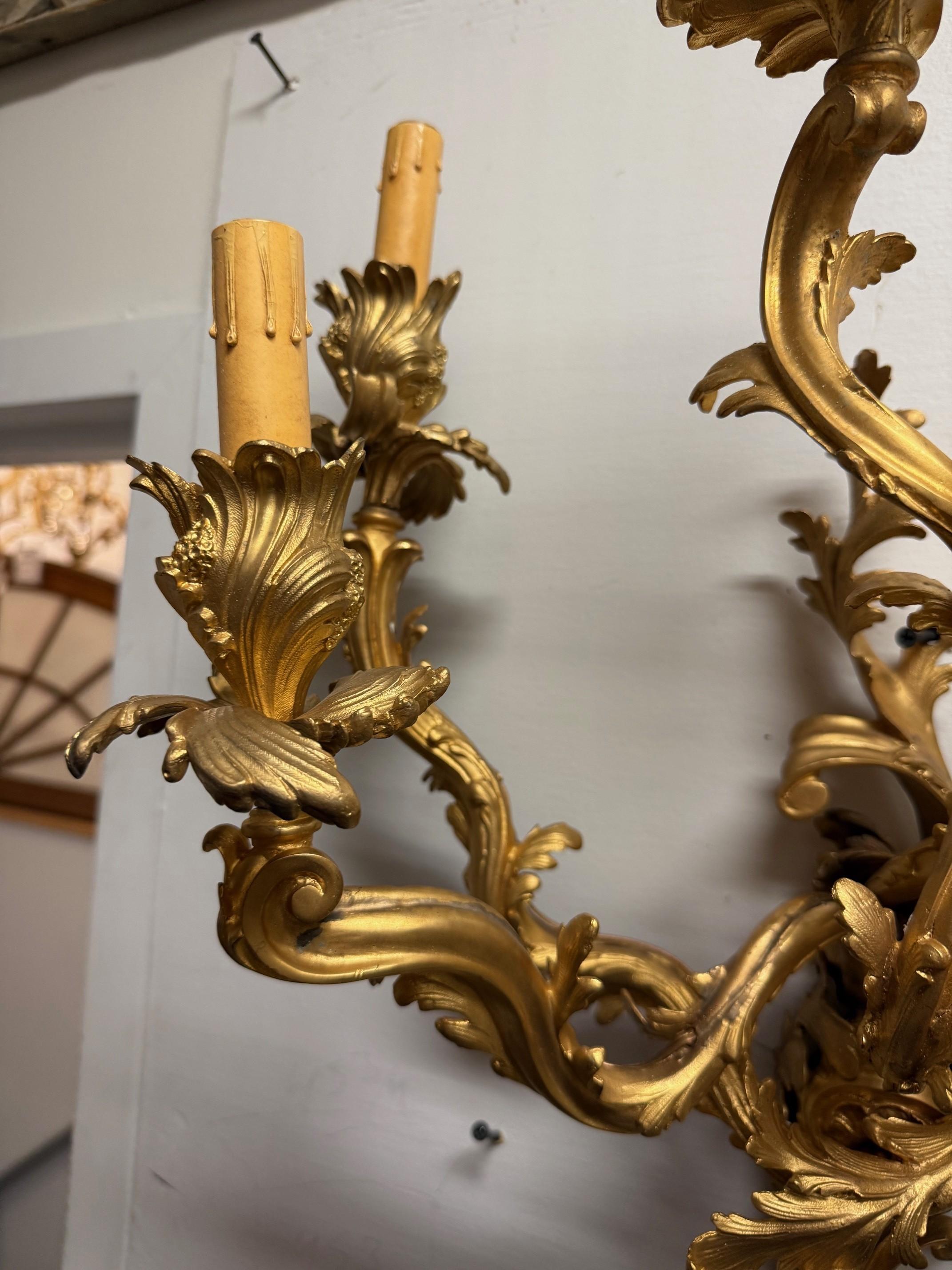 Pair of Louis XV French Rococo Style Gilt Bronze Five-Light Wall Sconces For Sale 4