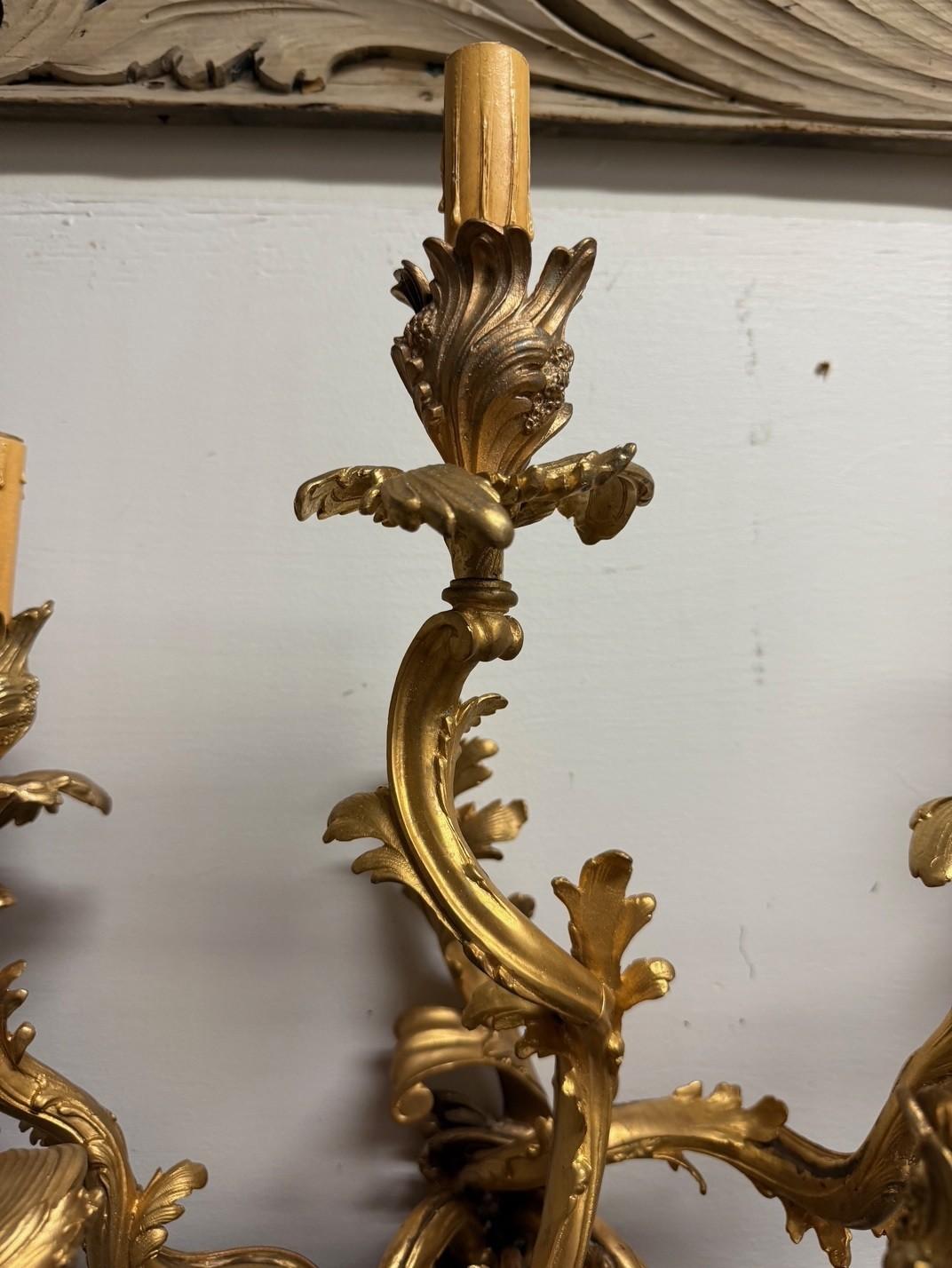 Pair of Louis XV French Rococo Style Gilt Bronze Five-Light Wall Sconces For Sale 5