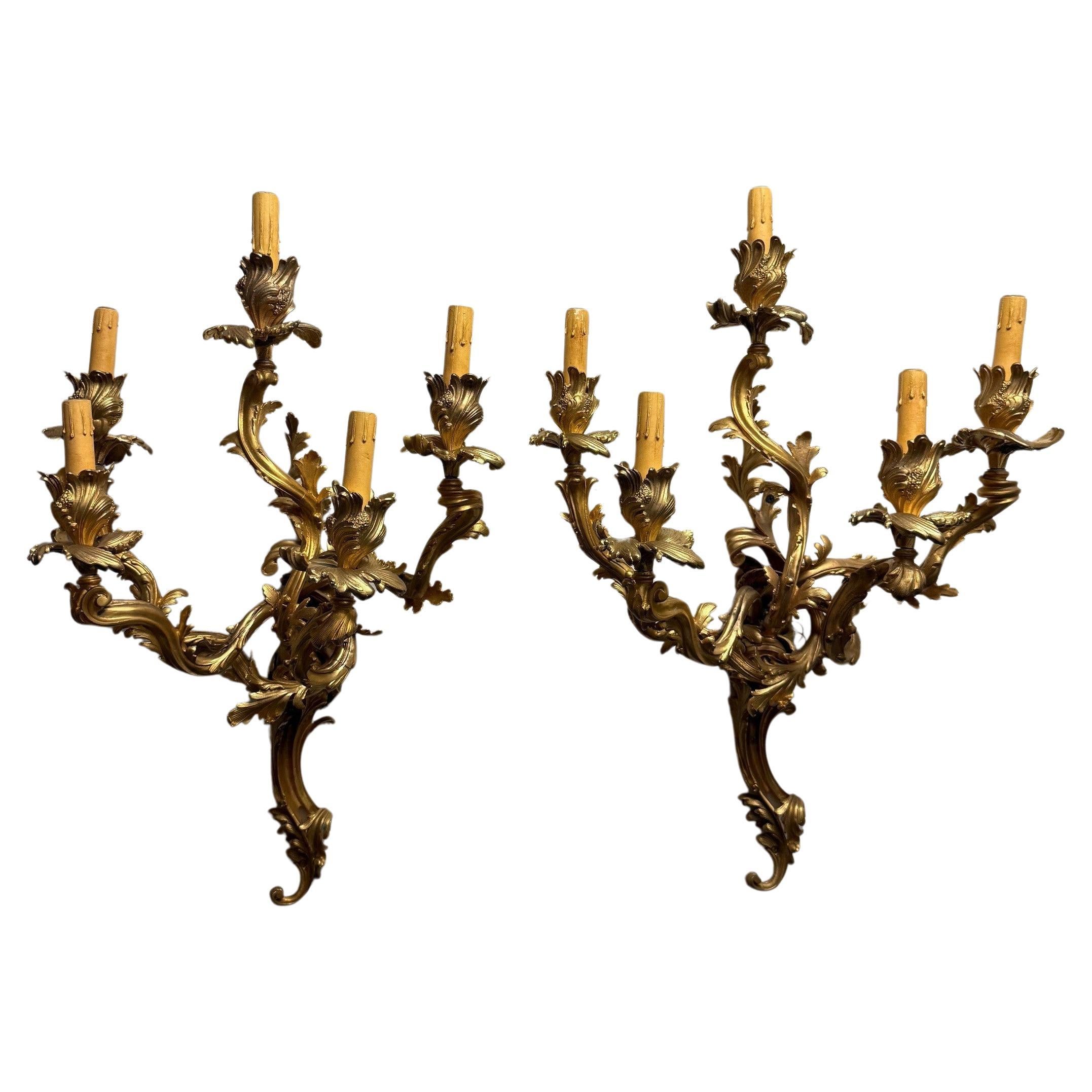 Pair of Louis XV French Rococo Style Gilt Bronze Five-Light Wall Sconces For Sale