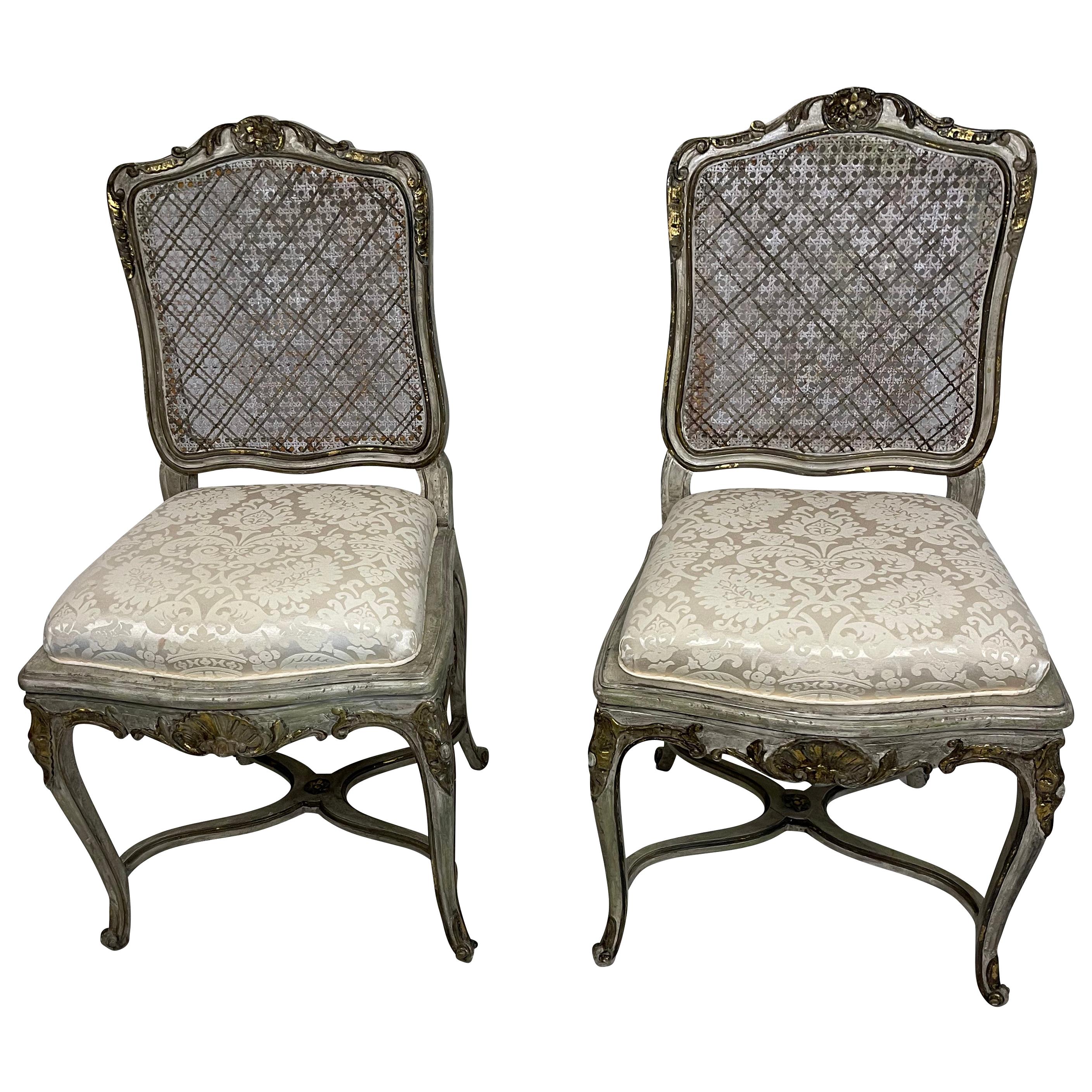 Pair of Louis XV French Style Cane Back Grey and Silver Side Chairs