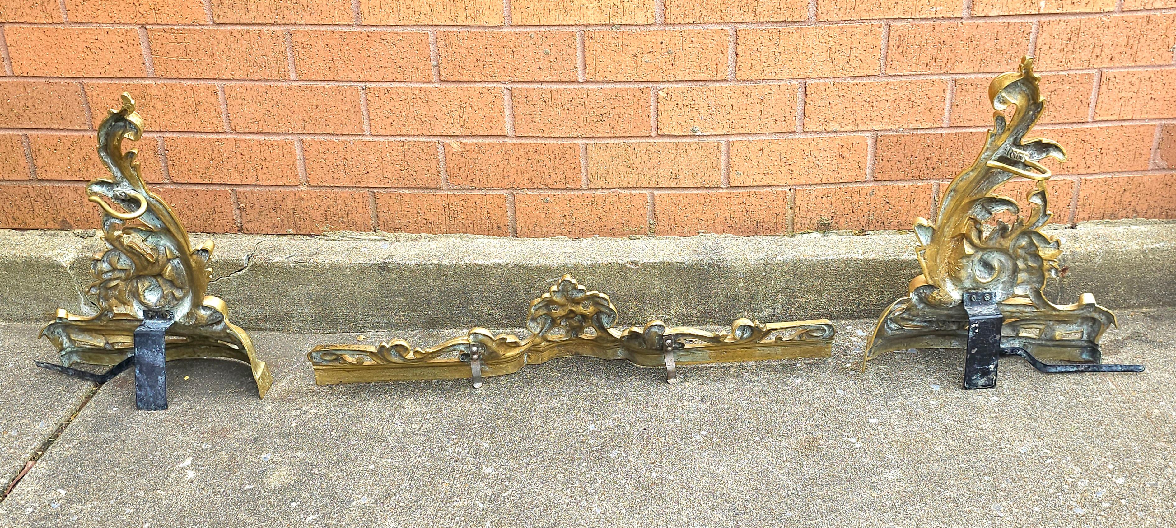 Louis XV Stylr Gilt Brass 3-Part Fire Fender, Tool Stand With Three Tools Set For Sale 5