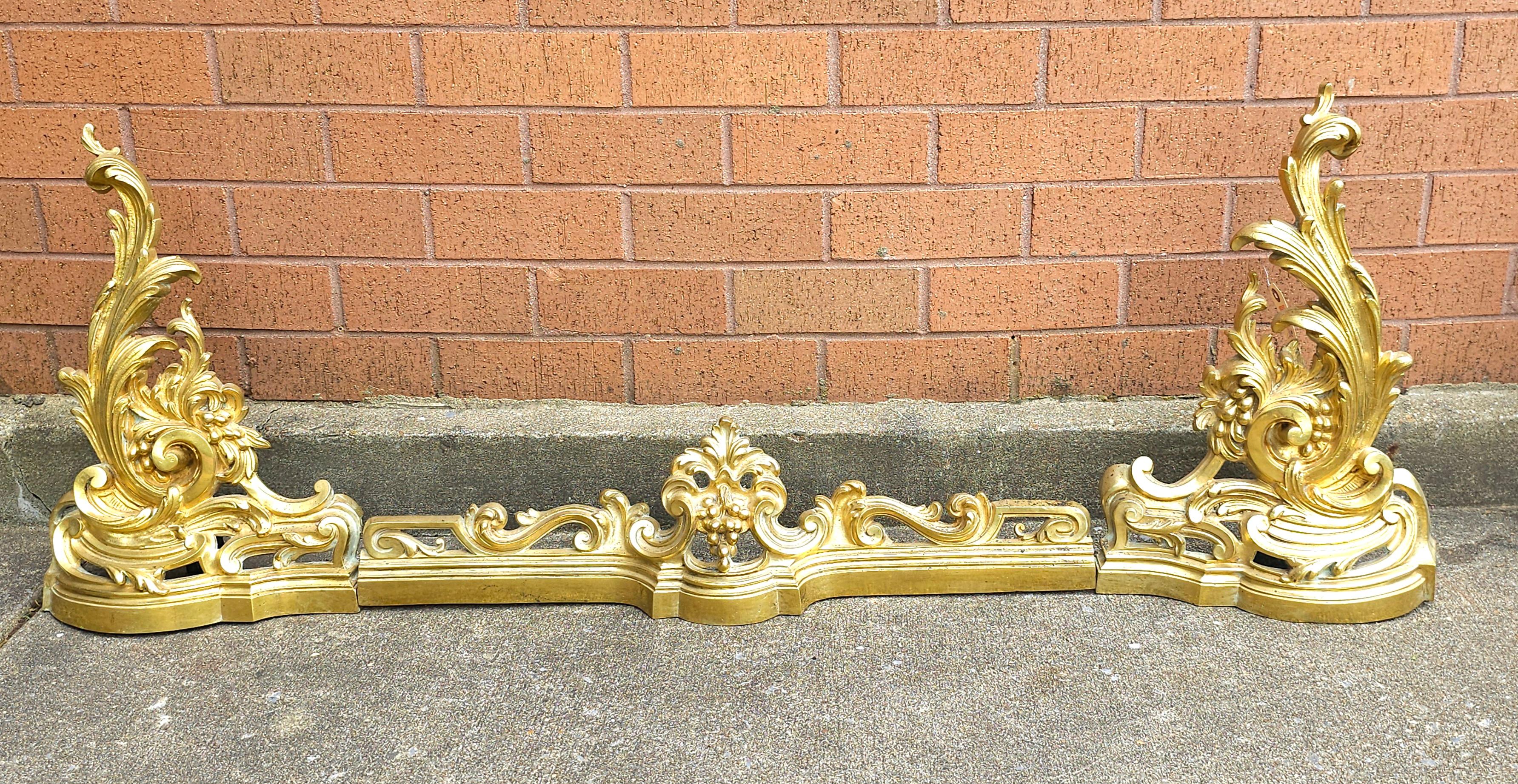 Metalwork Louis XV Stylr Gilt Brass 3-Part Fire Fender, Tool Stand With Three Tools Set For Sale