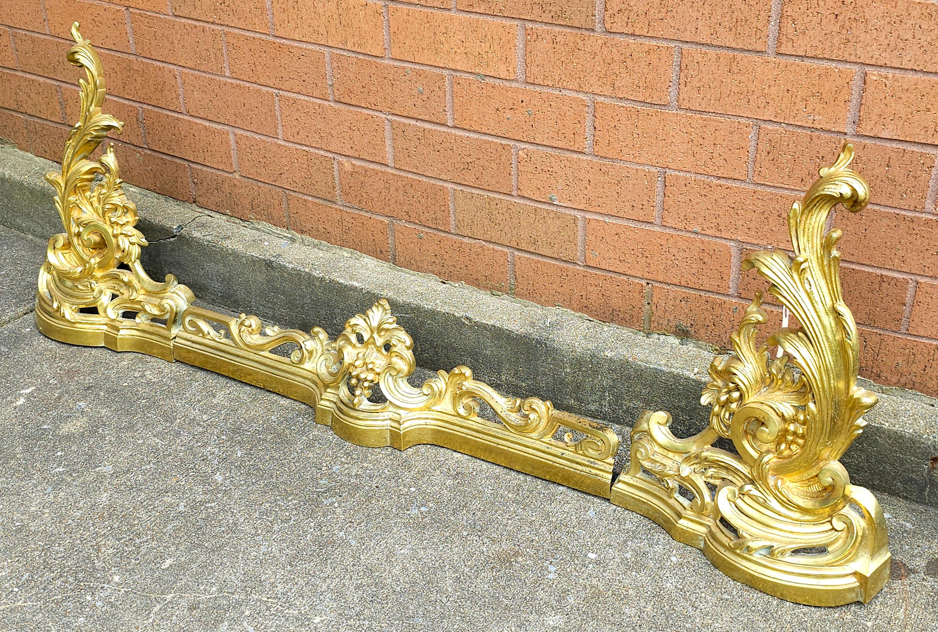 20th Century Louis XV Stylr Gilt Brass 3-Part Fire Fender, Tool Stand With Three Tools Set For Sale