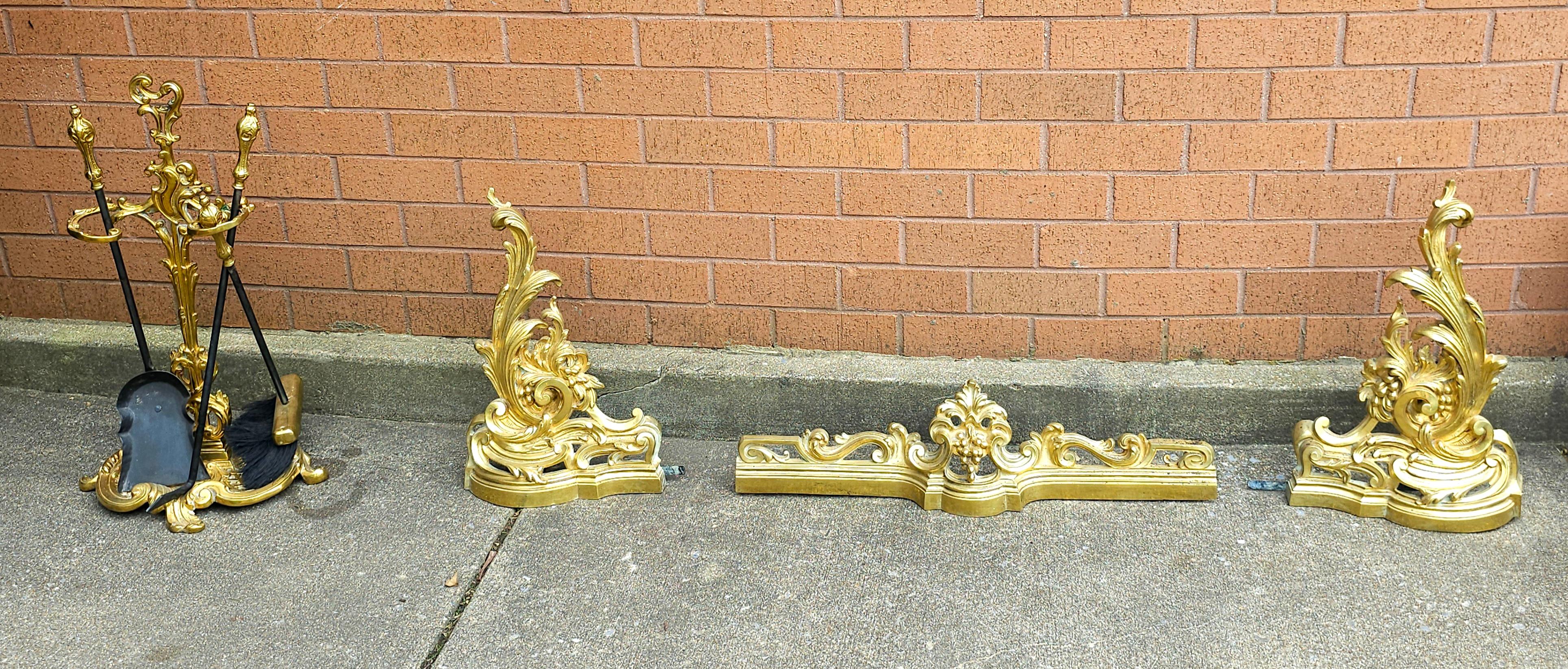 Metal Louis XV Stylr Gilt Brass 3-Part Fire Fender, Tool Stand With Three Tools Set For Sale