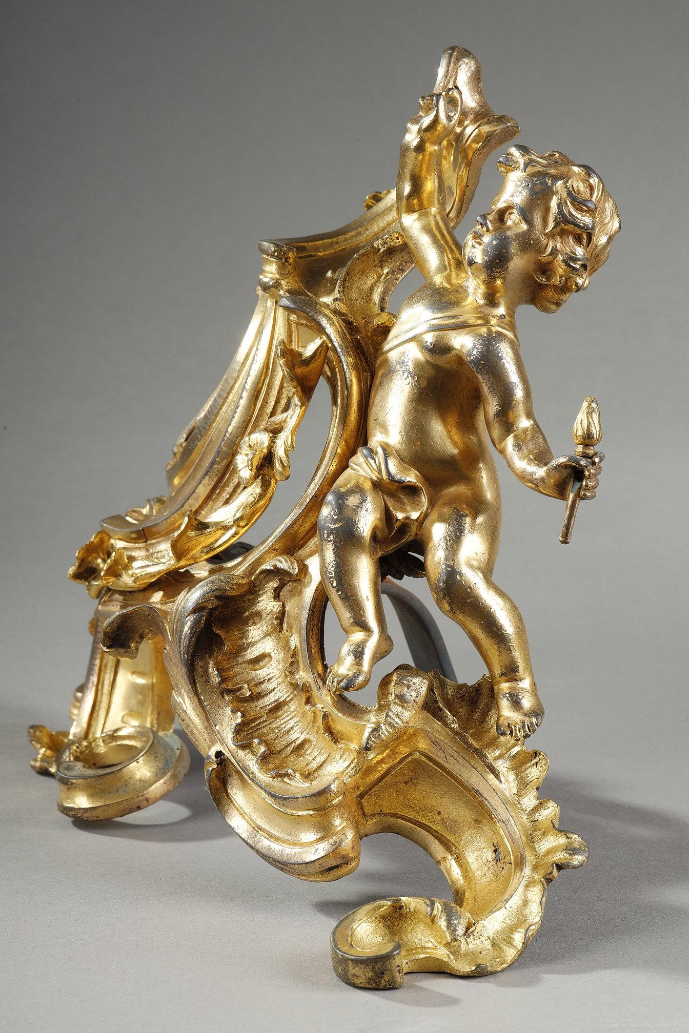 Paire de chenets Louis XV en bronze doré en vente 2