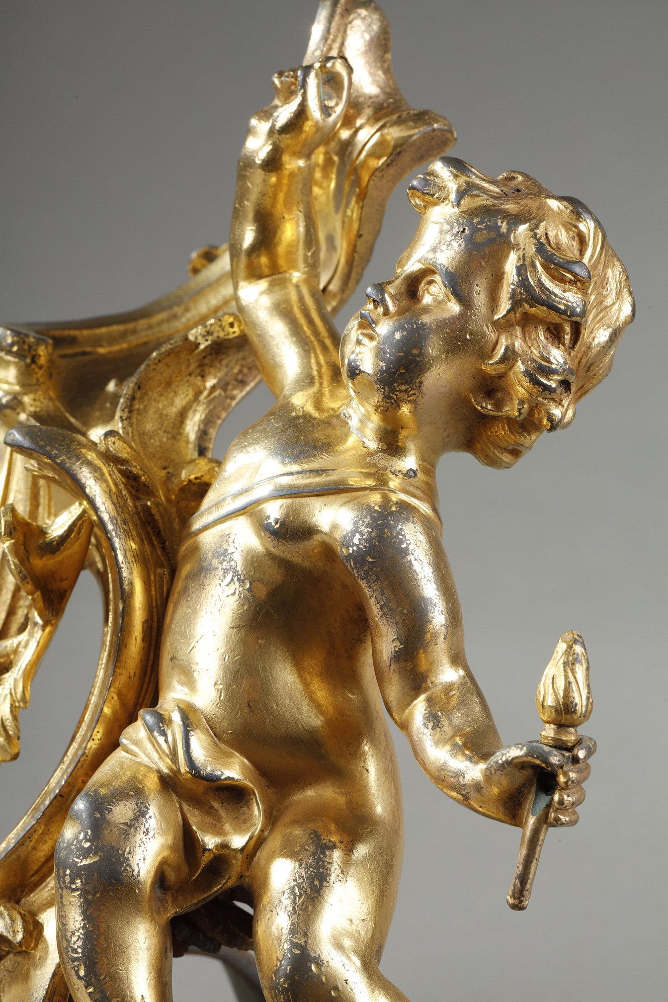 Paar vergoldete Bronze-Andirons aus Louis XV im Angebot 4