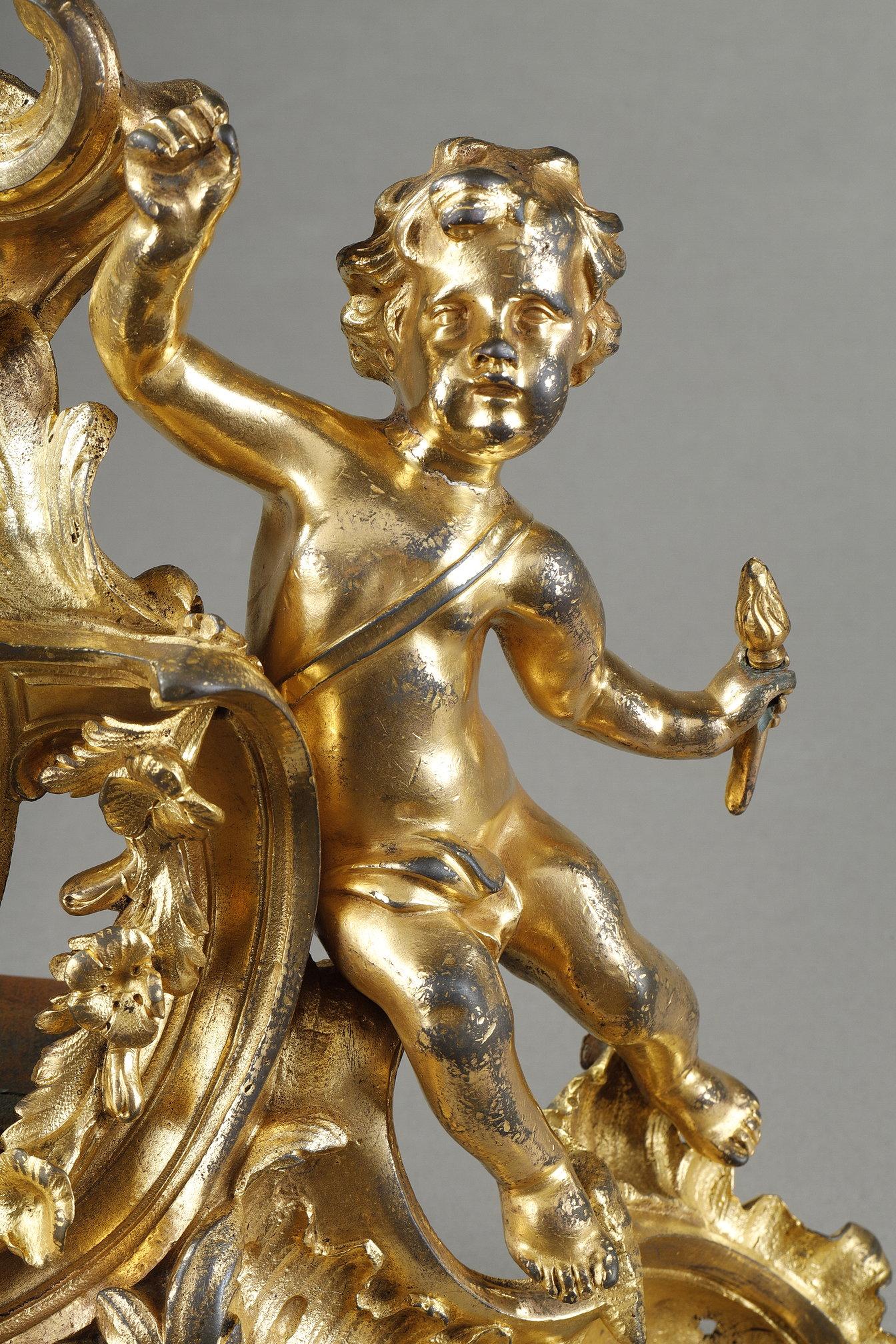 Paire de chenets Louis XV en bronze doré en vente 4