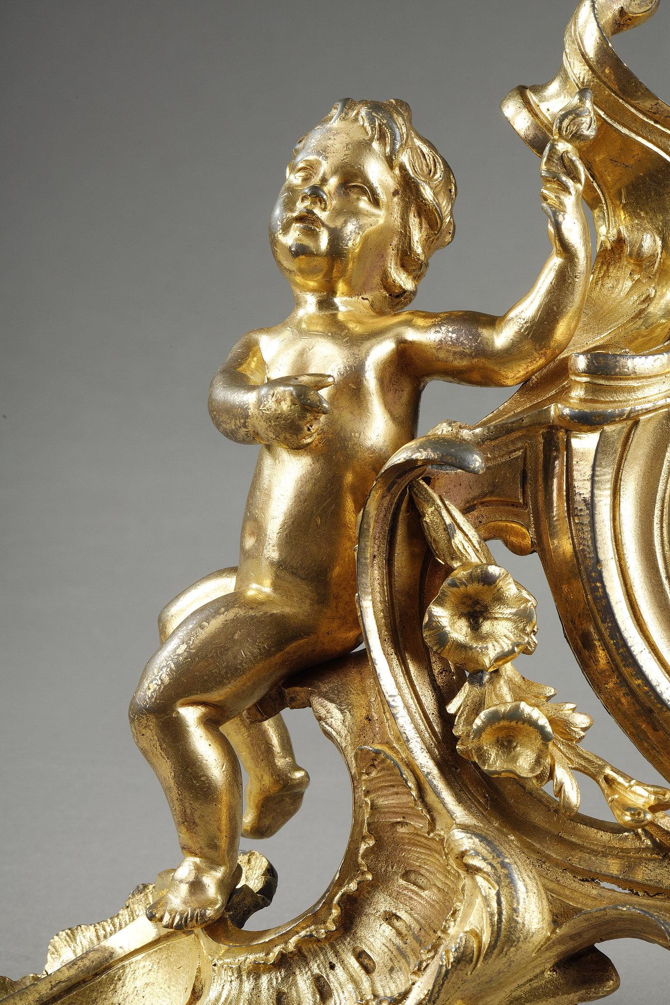 Paire de chenets Louis XV en bronze doré en vente 5