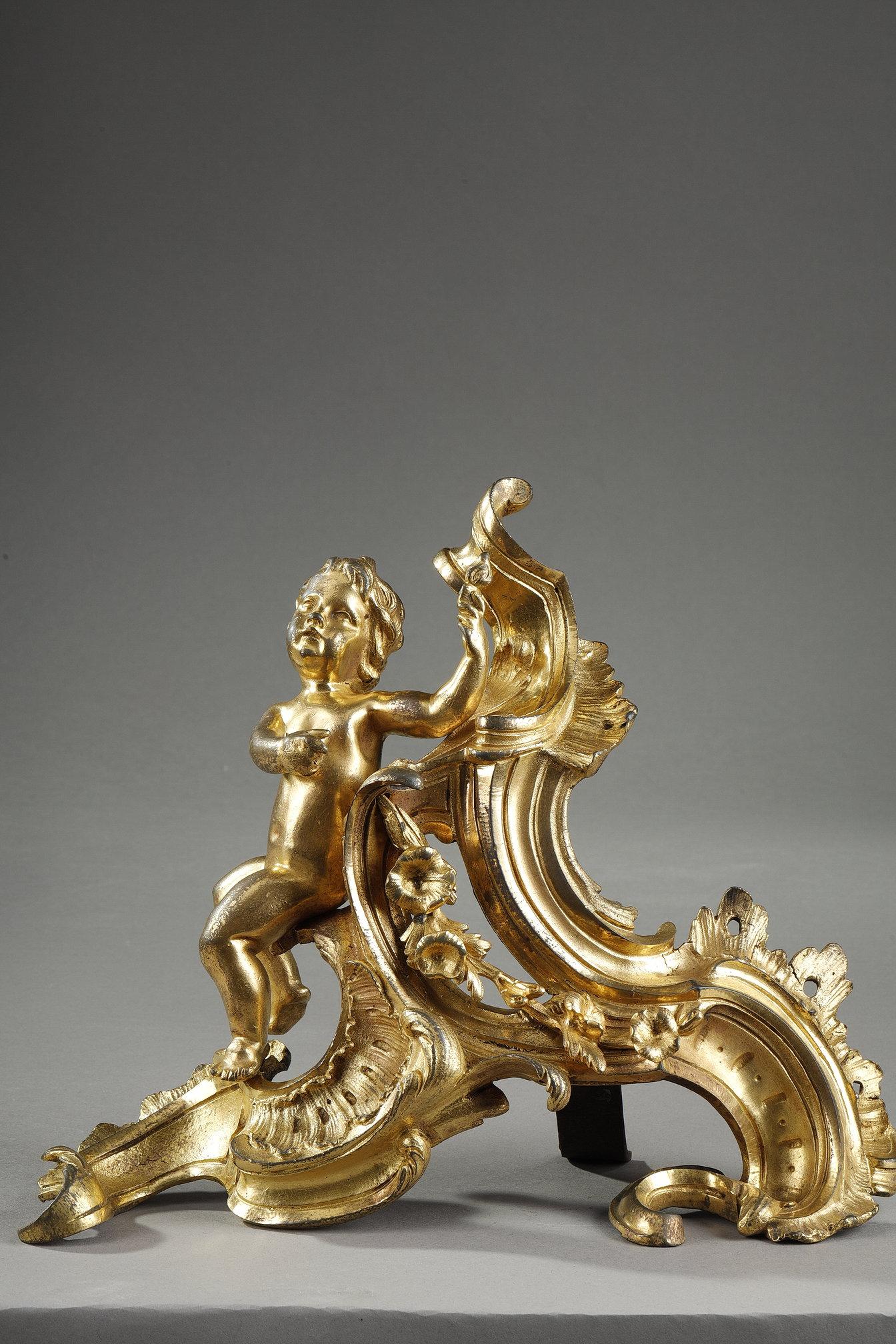 Rococo Paire de chenets Louis XV en bronze doré en vente