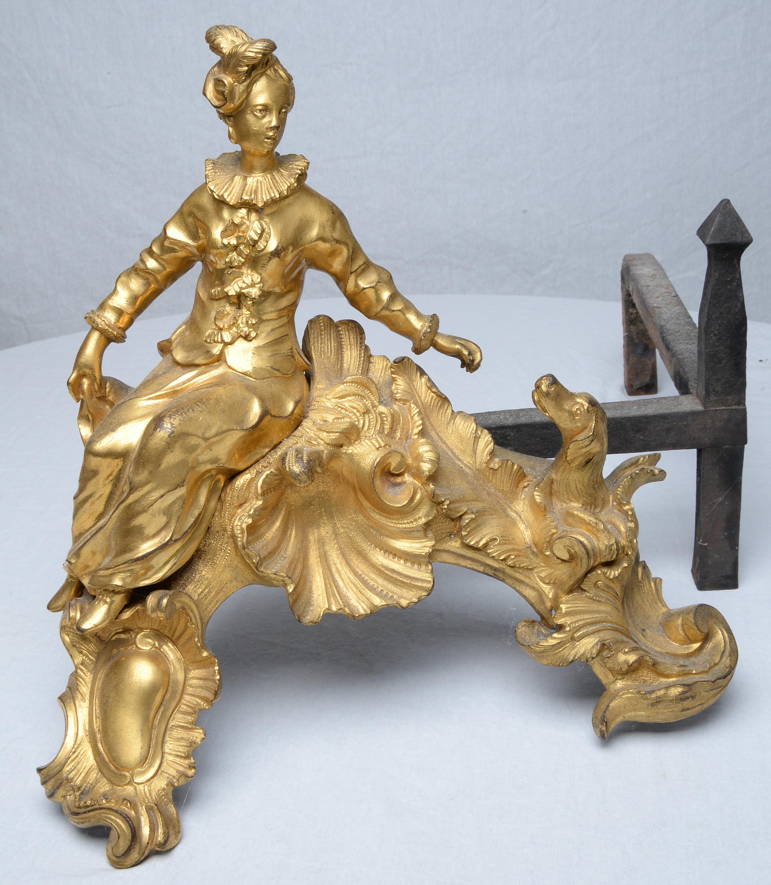Rococo Pair of Louis XV Gilt Bronze Figural Chenets (Andirons) For Sale