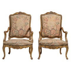Pair of Louis XV Giltwood Armchairs with Tapestry Upholstery