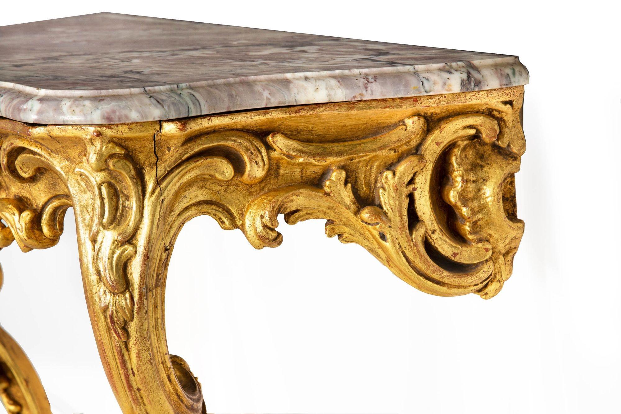 Pair of Louis XV Giltwood Marble Top Console Tables, circa 18th century 5