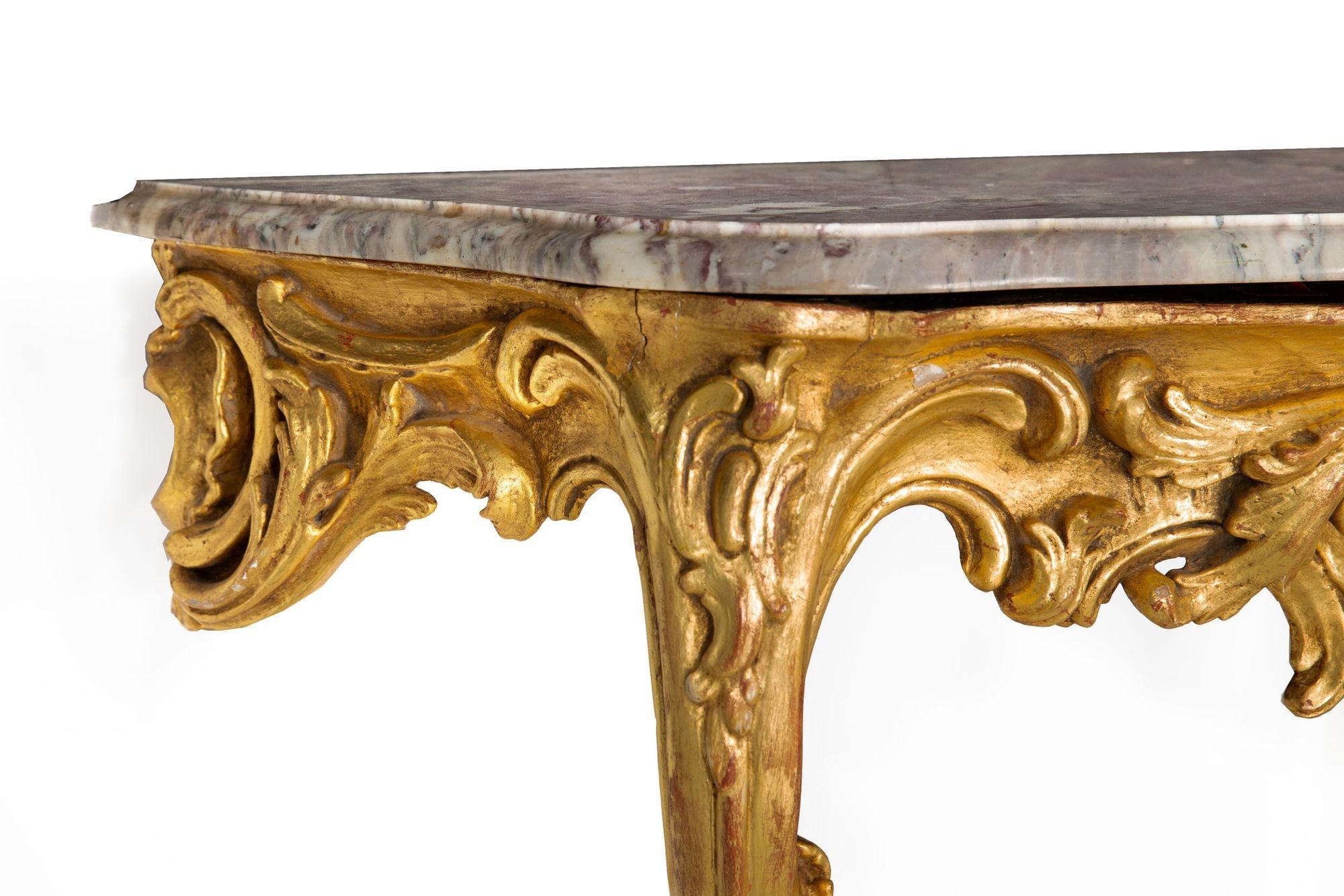 Pair of Louis XV Giltwood Marble Top Console Tables, circa 18th century 6