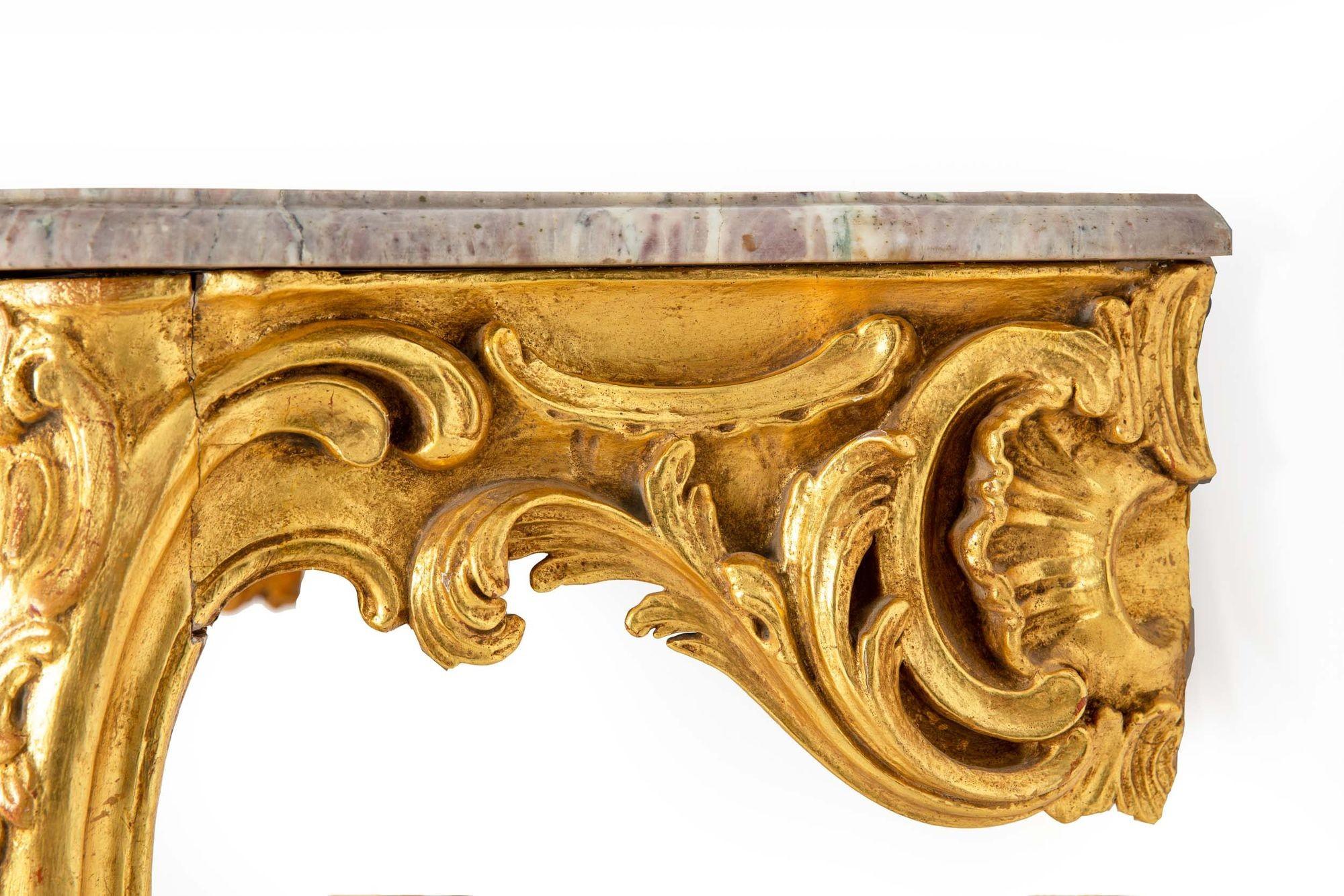 Pair of Louis XV Giltwood Marble Top Console Tables, circa 18th century 10