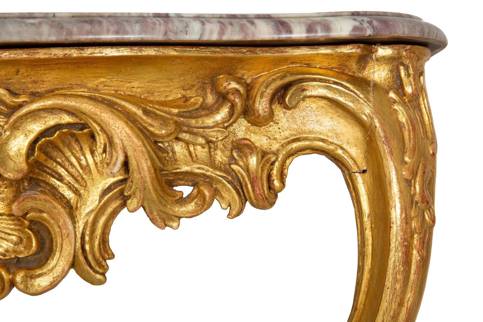 Pair of Louis XV Giltwood Marble Top Console Tables, circa 18th century 11