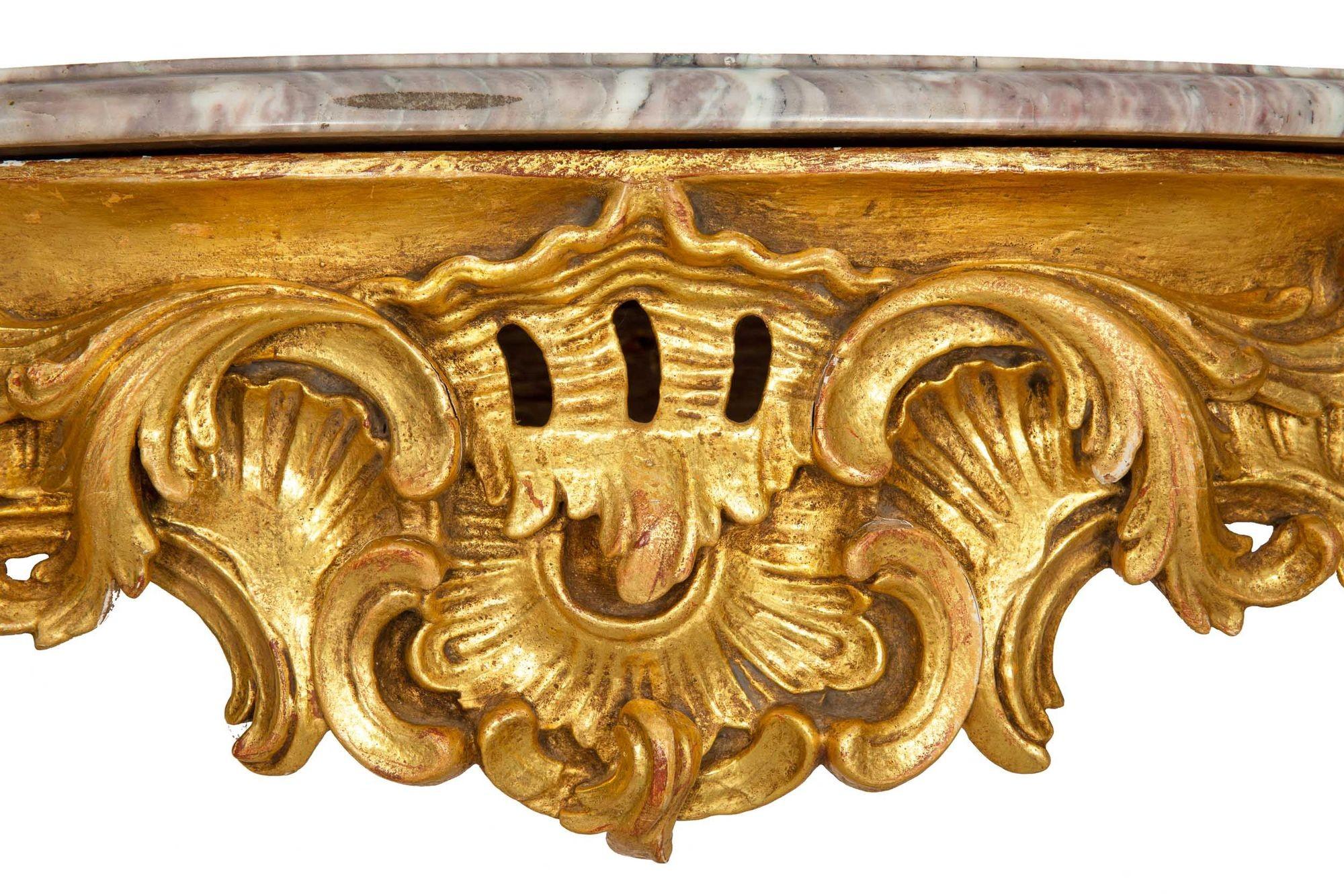 Pair of Louis XV Giltwood Marble Top Console Tables, circa 18th century 12