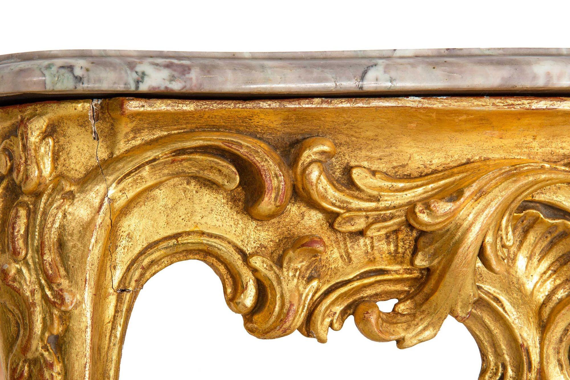 Pair of Louis XV Giltwood Marble Top Console Tables, circa 18th century 13