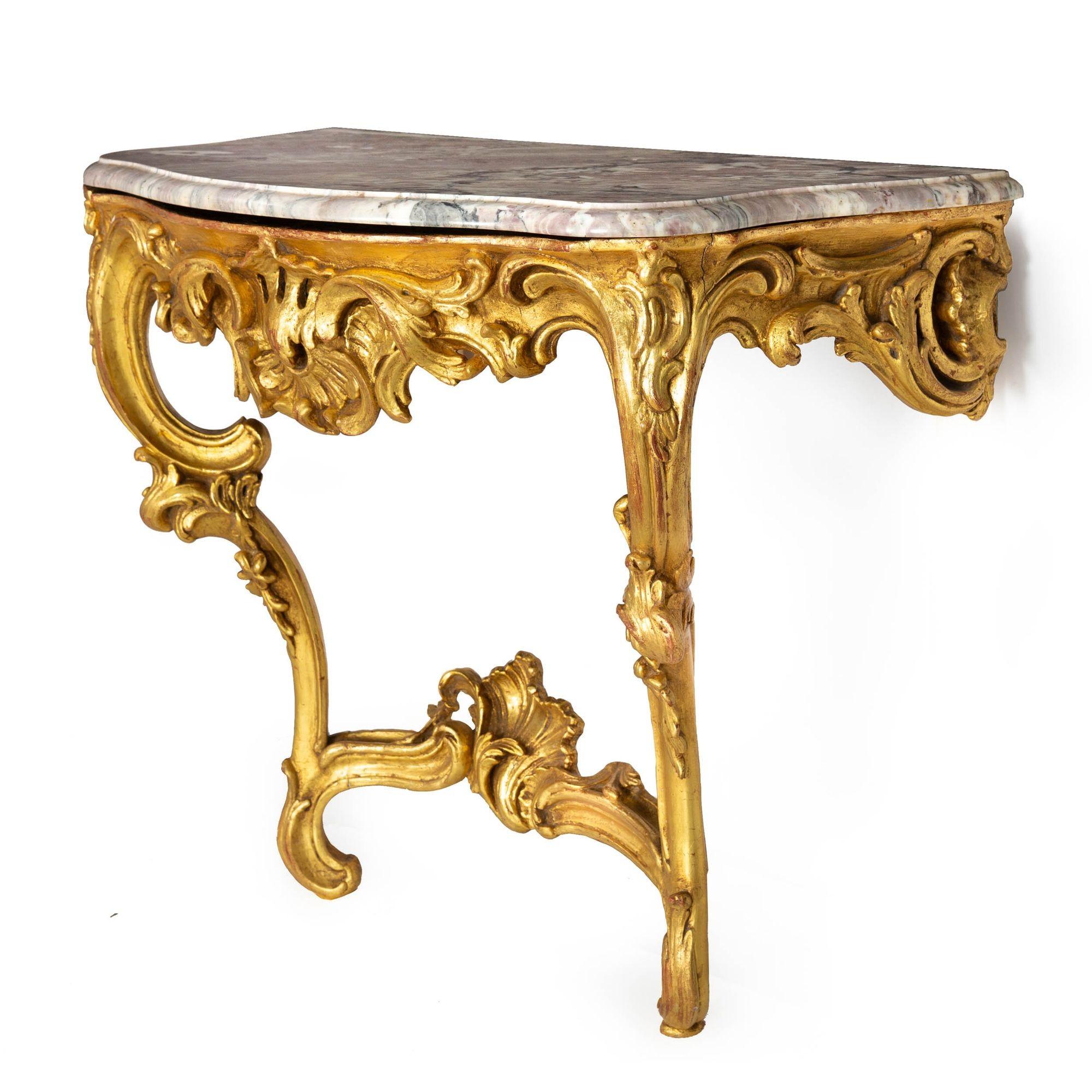 Pair of Louis XV Giltwood Marble Top Console Tables, circa 18th century In Good Condition In Shippensburg, PA