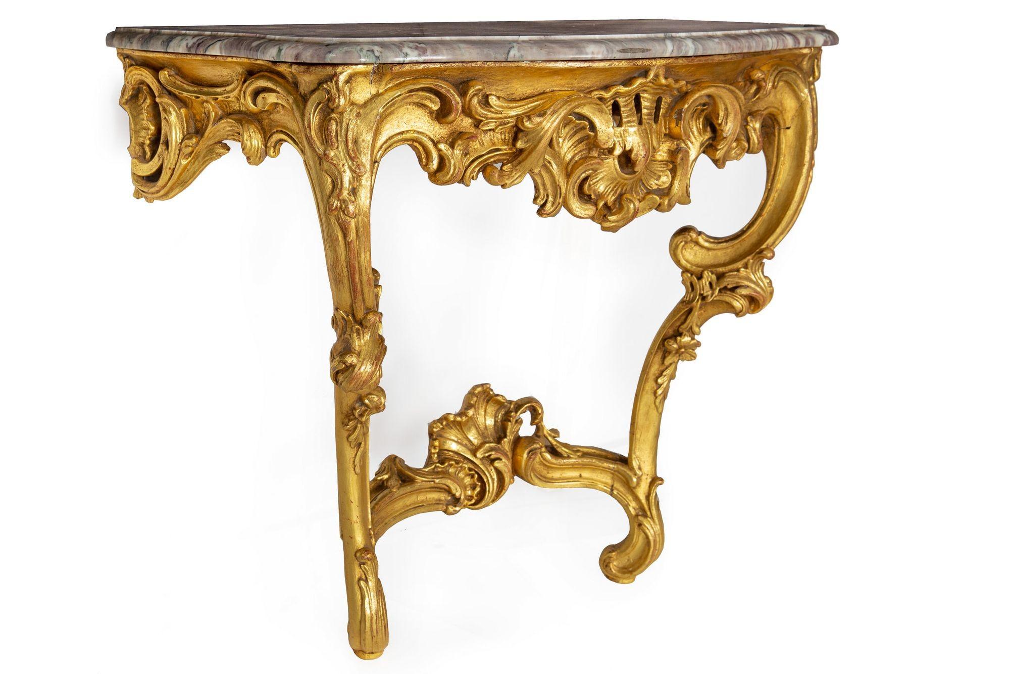 18th Century and Earlier Pair of Louis XV Giltwood Marble Top Console Tables, circa 18th century