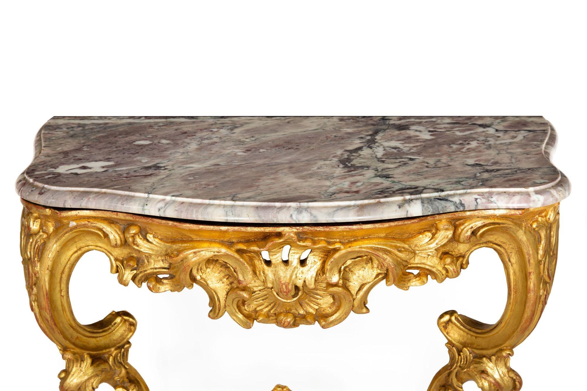 Pair of Louis XV Giltwood Marble Top Console Tables, circa 18th century 1
