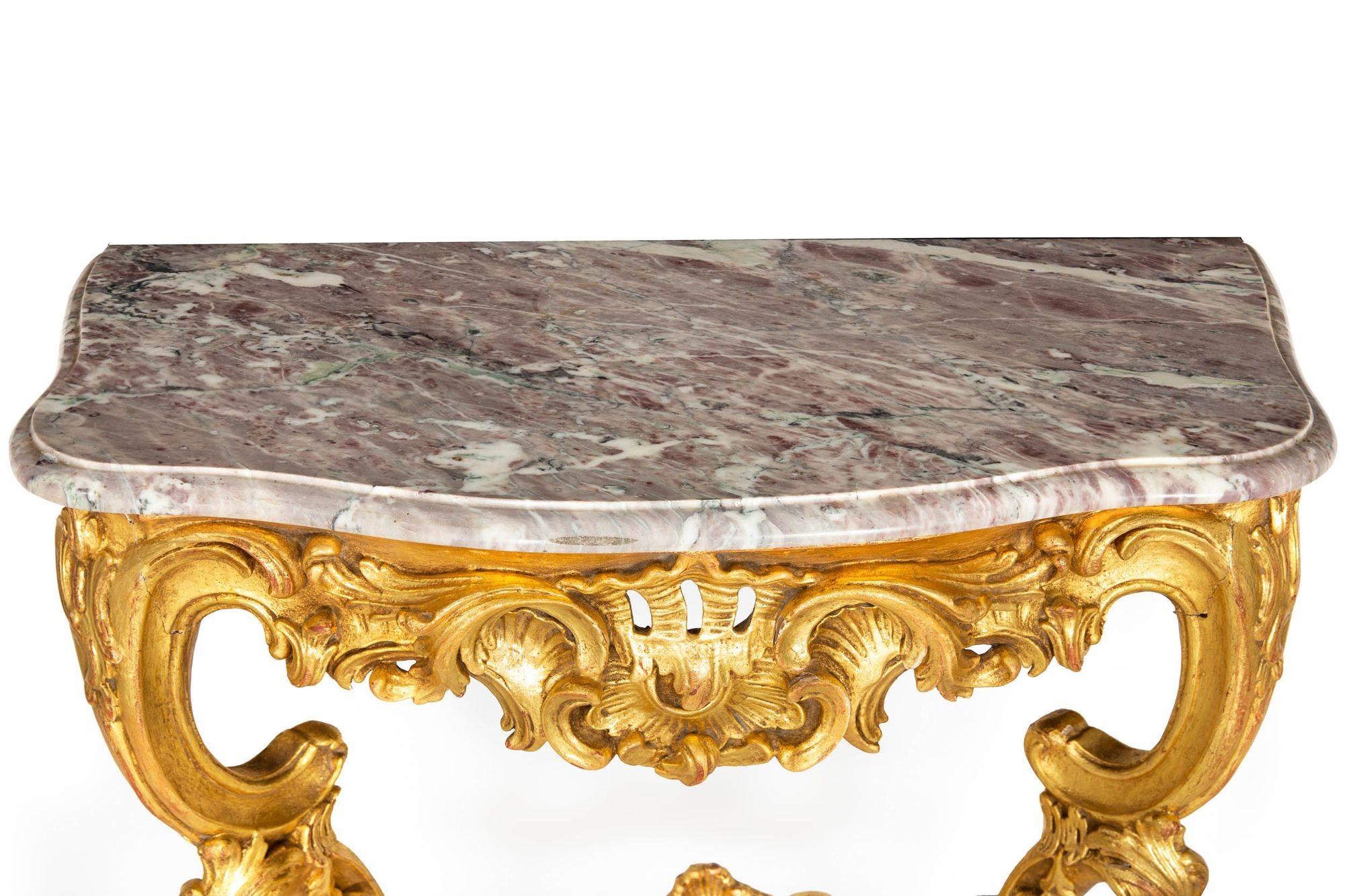 Pair of Louis XV Giltwood Marble Top Console Tables, circa 18th century 2