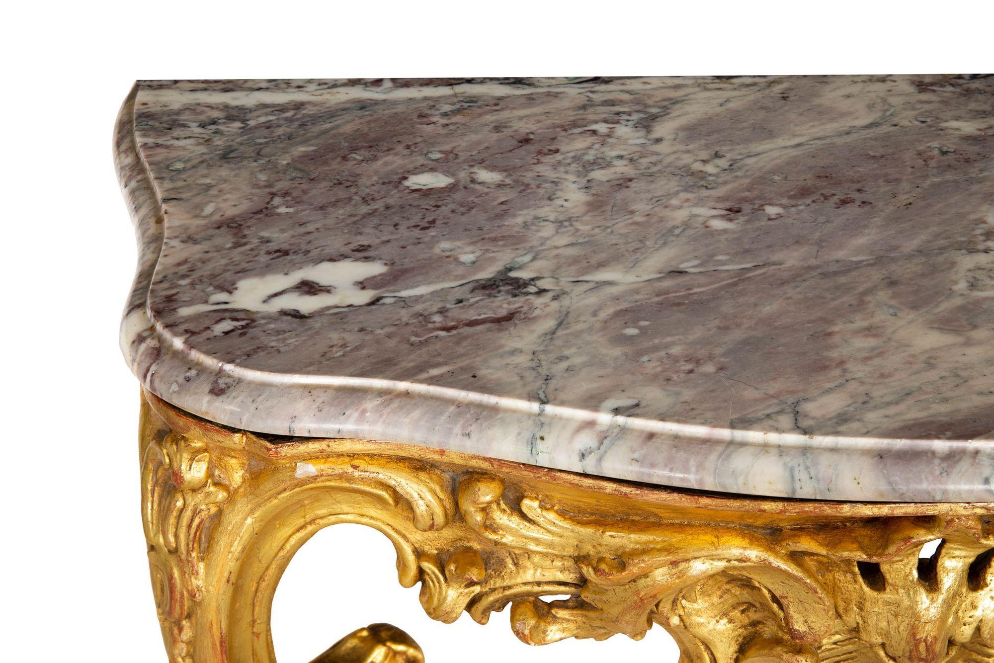 Pair of Louis XV Giltwood Marble Top Console Tables, circa 18th century 3