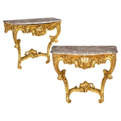 Pair of Louis XV Giltwood Marble Top Console Tables, circa 18th century